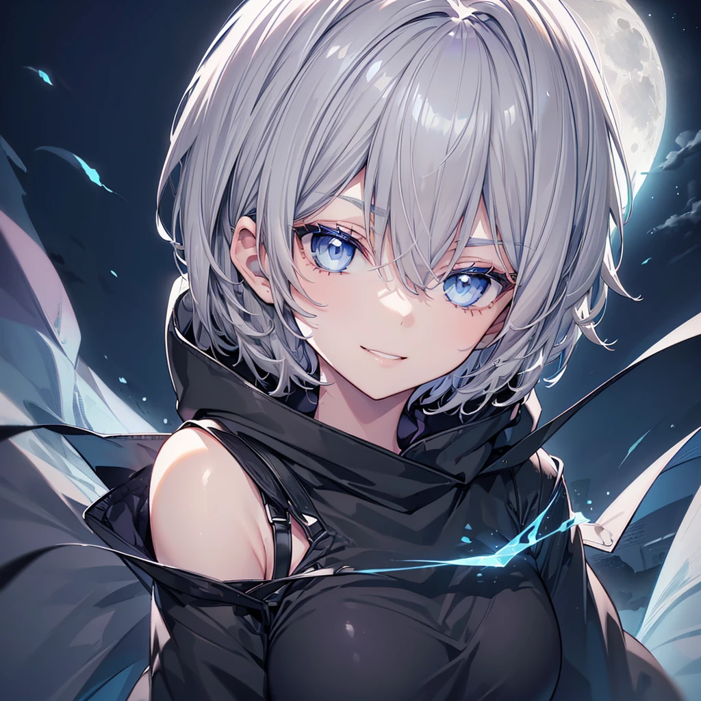 ((((grim Reaper　Inflammation))))　(((Gray Hair　short hair　blue eyes　woman　central)))，((night　full moon　My own big wings))，(Wearing a hood　Black camisole　Purple light)，　A tense look　Shining Background　Shining Edges