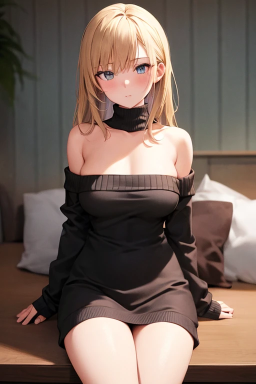 1woman,Sitting Facing right, camera angle from the side, photo from the side,,looking away,,blue eyes, Beautiful makeup, long eyelashes,pink lips, morning,stunning,half body photo, very detailed face,cute,,HD face, perfect face,Knitted dress, long sleeve knitted dress, black dress,, black dress,black stockings, big breasts,Blonde hair,blonde hair,bangs, medium hair, Curly hair,ultra detail,ultra Hd, masterpiece,4k