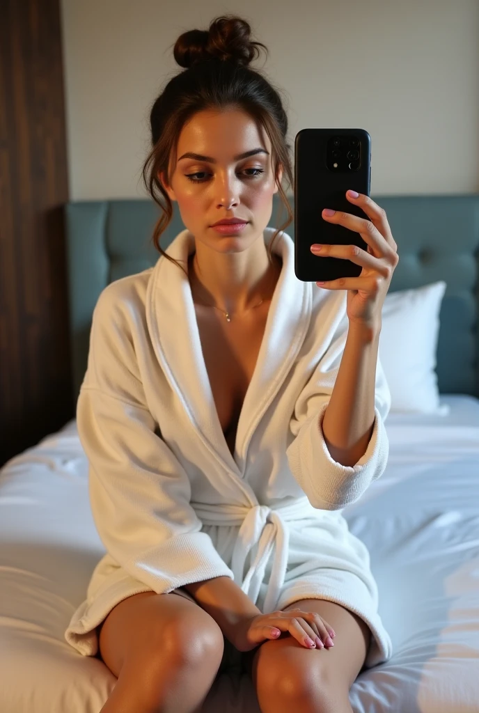 brown hair woman taking sexy selfie in bathroom wearing bathrobe 