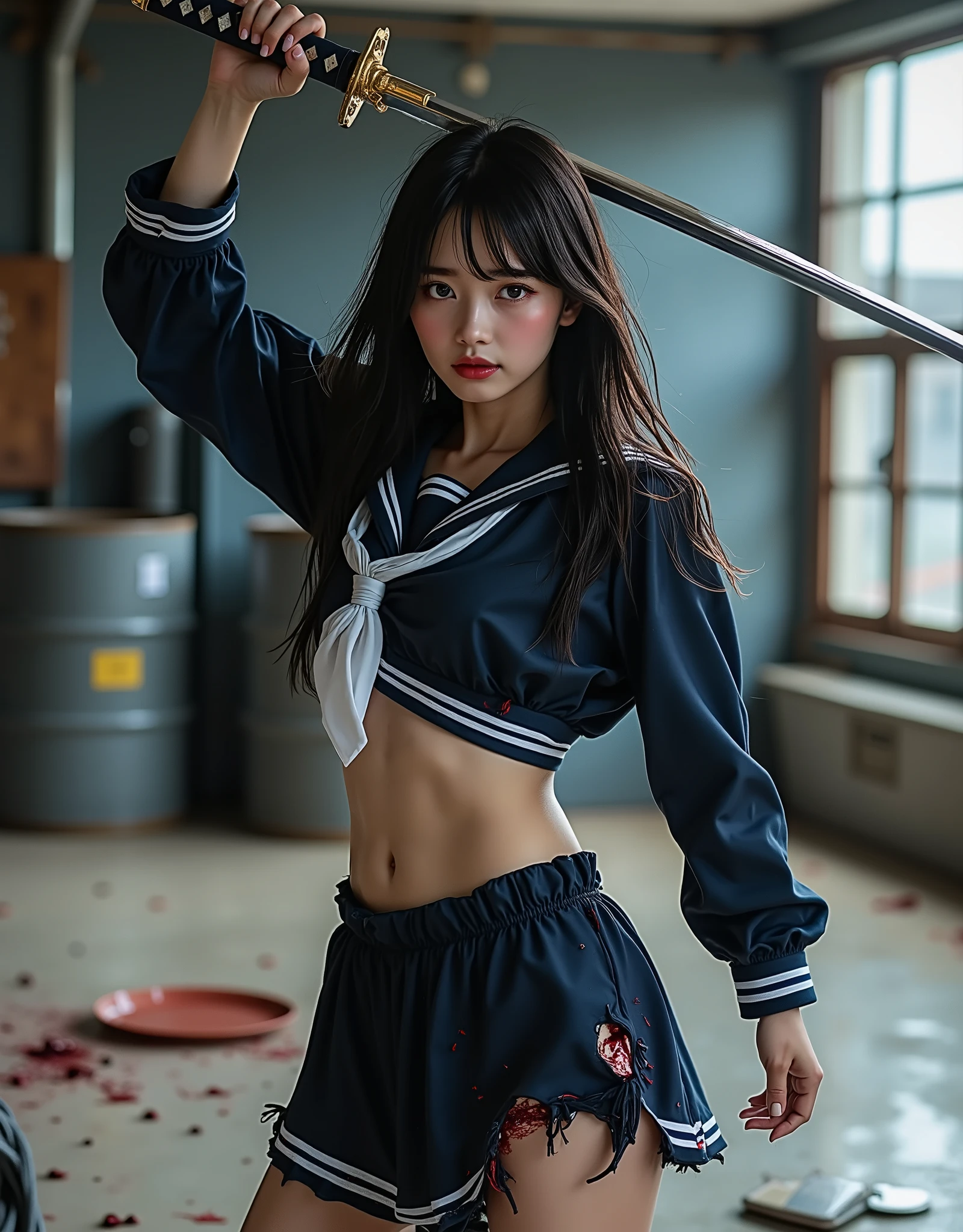 ((((anatomically correct human body structure)))、(((masterpiece、Top Quality:1.4)))、((real、very detailed、 Best Skin Details 、ultra high definition:2.0))、((real肌の質感:1.4))、(((real写真)))、((((photorealistic:2.0))))、realistic、absurd、Top Quality、((focus on the face:1.4))、(((NSFW)))、(((超real)))、((very detailed描写))、((solo))、(((1 high school girl:1.5)))、(((Extremely cool pose holding a Japanese sword in a high position:2.0)))、((( staring sharply at me with both hands :2.0)))、(((An 18-year-old Japanese cute and cool high school girl:1.8)))、((( wearing a dark blue long sleeve sailor suit torn all over :2.0)))、((斜め横からのfull body shot with mahiru))、(( Wide angle shot from slightly below :1.5))、Thoracic side、((24mm lens:1.4))、(((日本刀の刃先から女子高生の足元までのfull body shot with mahiru:1.5)))、(((realな日本刀、The exact shape of a Japanese sword 、 the blade shines sharply:1.5))), ((The girl's height is 160 cm、The length of the Japanese sword is 90cm、Blade length 70cm 、 handle length 20cm))、(( balance the entire body、Eliminate too long torso ))、((((Japanese sword with a straight, shiny blade 、She is holding the grip of a Japanese sword firmly with both hands and raising both elbows high, holding it above her head:2.0))))、(((( I don't hold anything other than the grip 、Never hold the blade part :2.0))))、((((I wear my arms side by side with my left hand on the upper side and my right hand on the lower side to hold the grip of the Japanese sword firmly:2.0))))、((((Posture of the haze:2.0))))、(((I'm holding one part of the Japanese sword grip with both hands:2.0)))、((( Hold the blade tip of the Japanese sword diagonally upward and hold it sharply :2.0)))、((((She has a cute and cool face and is glaring sharply at you、 a super cute and cool 18-year-old high school girl :2.0))))、((She is wearing black leather gloves with fingertips、She has cuts and bleeding on both legs:1.5))、((( definitely has a strong grip on a Japanese sword:1.5)))、(((I never hold a blade :2.0)))、(((The Japanese sword has only one grip :2.0)))、(((Aiming for the correct shape and balance of the entire body :2.0)))、(((realistic写真:2.0)))、((bloodyの汚れた白い靴下と白いスニーカー:1.4))、(((Black hair, straight, long hair dancing in the wind:1.5)))、((( my face, body, and clothes are stained with sweat, blood, and mud:1.5)))、((( I'm sweating quite a bit between my neck and cleavage )))、 high definition face、Beautiful and delicate face、(( spotlight on face and chest :1.5))、(((There is a lot of sweat on her forehead、She is dirty with mud and sweat、Very stern look)))、((詳細でrealな茶色の瞳))、(((realな瞳にキャッチライト:2.0)))、(((Detailed Long Lashes )))、((realな唇))、((full body shot with mahiru:1.5))、(( upper body shot above the knee :1.2))、(( accurate balance of the whole body :1.5))、Accurate arm shape、 accurate hand shape、(Accurate hand finger shape )、(exact number of fingers after hand work、5 )、Accurate leg shape、( how to hold an anatomically accurate grip ) 、((Japanese high school uniform、torn uniform 、A uniform stained with blood and mud :1.5))、(((Wear a dark blue long-sleeved winter suit and a white scarf and a navy blue flare skirt that's torn all over the place and the white scarf:2.0)))、(( wearing a navy blue flare skirt with the hem torn quite a bit and is stained with blood and mud :1.5))、((紺色の長袖セーラー服の破れた所と white scarf stained with blood の間から汚れて着崩れた白色ブラジャーとバストの下乳が見える:1.3))、((( white scarf stained with blood )))、((She has the tip of her Japanese sword pointing upwards:1.5))、((live action))、((bloody))、(full of wounds)、(Bruises、Internal bleeding)、(((I can see my stomach and belly button bleeding from the cut:1.he is bleeding from cuts、She has a lot of sweat on her forehead:1.5))、((Her navy blue skirt is torn and bloody and dirty with mud, Injured and bleeding, dirty navy blue long sleeve sailor suit :2.0))、((She is preparing to slash with the tip of her Japanese sword pointing upwards:1.5))、( Inside an old large warehouse with abandoned depth )、 rusted drum 、Waste materials、scoop、 Blood Splashes on Floors and Walls 、(( Strong light from a window shines in in the dim ))、( The light from the window is sharply reflected on the blade of a long Japanese sword )、((( impressive pose where you feel movement 、Shaking due to movement of hair, jacket, and skirt :1.5)))、(((Impressive footage )))、((Impressive cinematic depiction ))、(professional lighting)