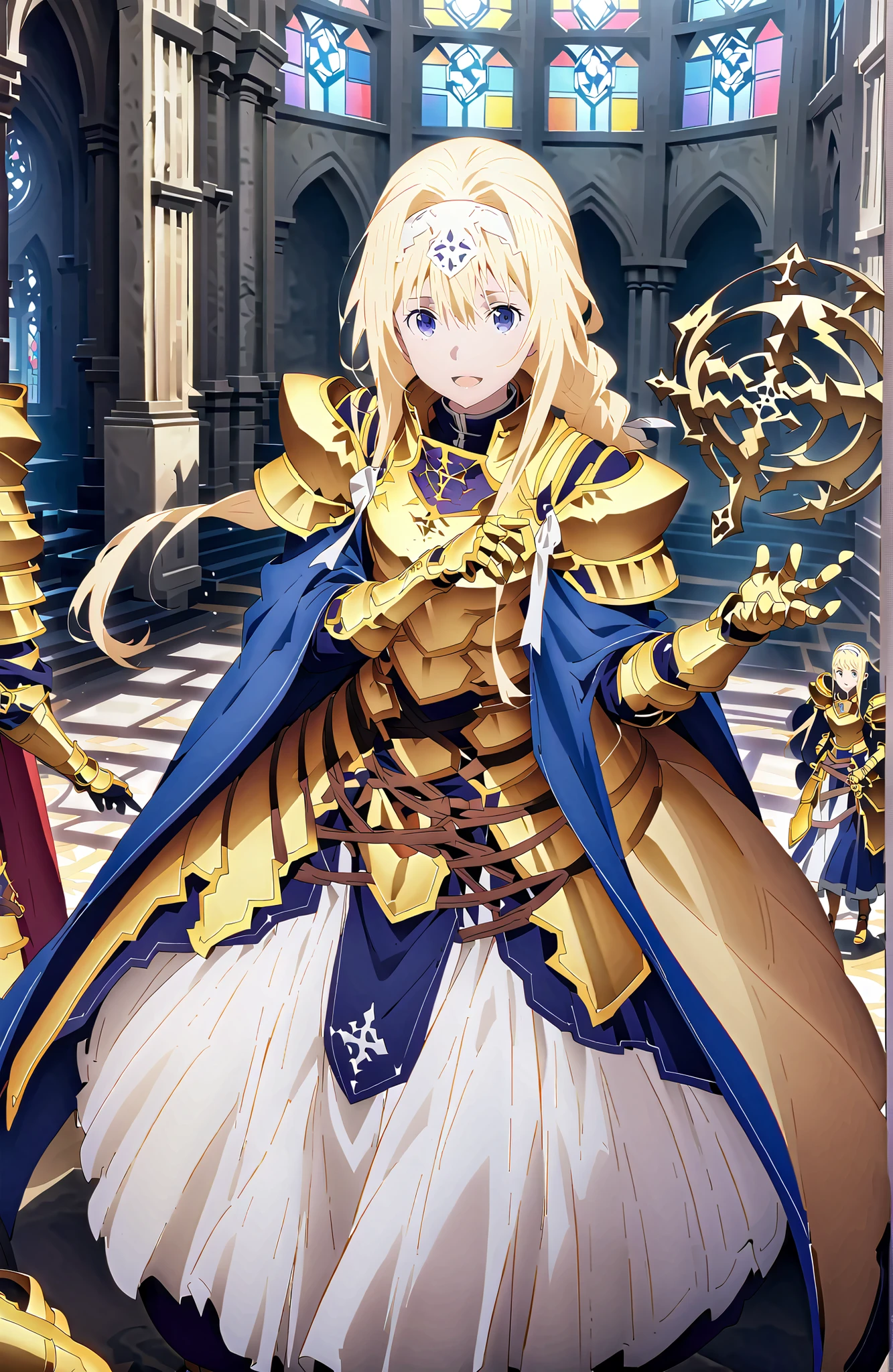 score_9, score_8_up, score_7_up, sauce_anime,
Alicesburg, Alice Zuburg, bungs, Gold, hair between eyes, Very braided, headband, white headband,close your eyes,smile,blush,open your mouth,
dress, cape, armor, blue dress, shoulder armor, gauntlet, shoulder armor, breastplate, armored dress, white long skirt, blue cape, Knight, gold armor, body armor,as if the whole body were in the illustration,stained glass,STANDING,full bodyがillustrationsに入るように,
break indoors,church,
break looking at viewer,full body,
break (masterpiece:1.2), Top Quality, high resolution, Unity 8k 壁紙, (illustrations:0.8),highly detailed faces, perfect lighting on the table, extremely detailed CG, (perfect hand, perfect anatomy),
