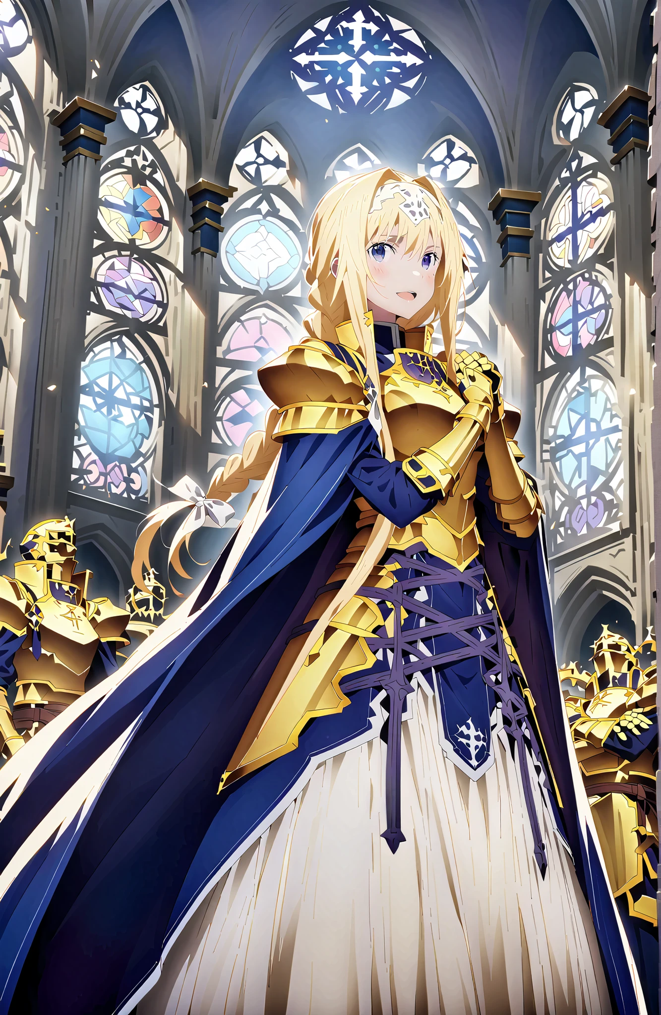 score_9, score_8_up, score_7_up, sauce_anime,
Alicesburg, Alice Zuburg, bungs, Gold, hair between eyes, Very braided, headband, white headband,close your eyes,smile,blush,open your mouth,
dress, cape, armor, blue dress, shoulder armor, gauntlet, shoulder armor, breastplate, armored dress, white long skirt, blue cape, Knight, gold armor, body armor,as if the whole body were in the illustration,stained glass,STANDING,full bodyがillustrationsに入るように,
break indoors,church,
break looking at viewer,full body,
break (masterpiece:1.2), Top Quality, high resolution, Unity 8k 壁紙, (illustrations:0.8),highly detailed faces, perfect lighting on the table, extremely detailed CG, (perfect hand, perfect anatomy),