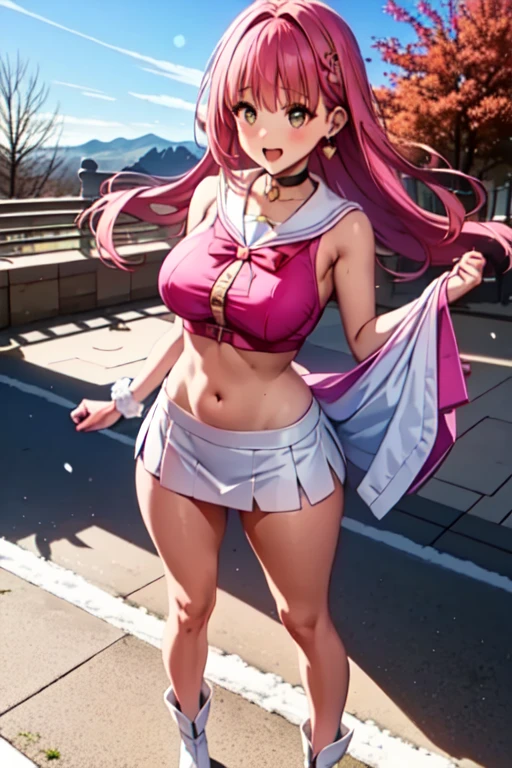 The goddess Athena with purple hair stands on the top of the mountain,The breeze blows the skirt and reveals the white underwear,I could vaguely see the shape of her vagina