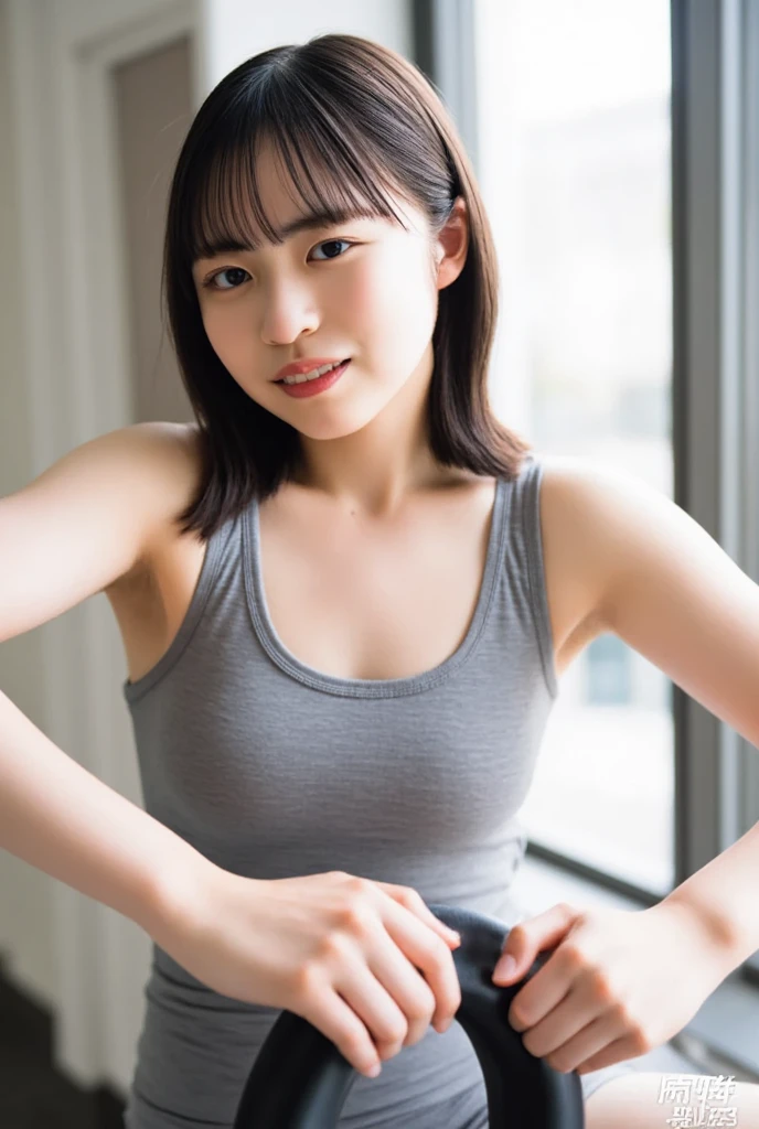 Top quality, 1 beautiful woman, super short Hair, shy Smile, wearing tanktop, From Above