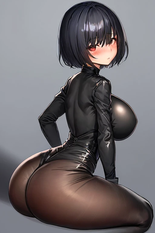 1girl,solo,standing,cowboy shot,
arms at sides, from behind,ass,
, heart cutout, ass cutout, latex bodysuit|black bodysuit, black hair, red eyes, short hair, (grab own ass), pervy, lewd expression