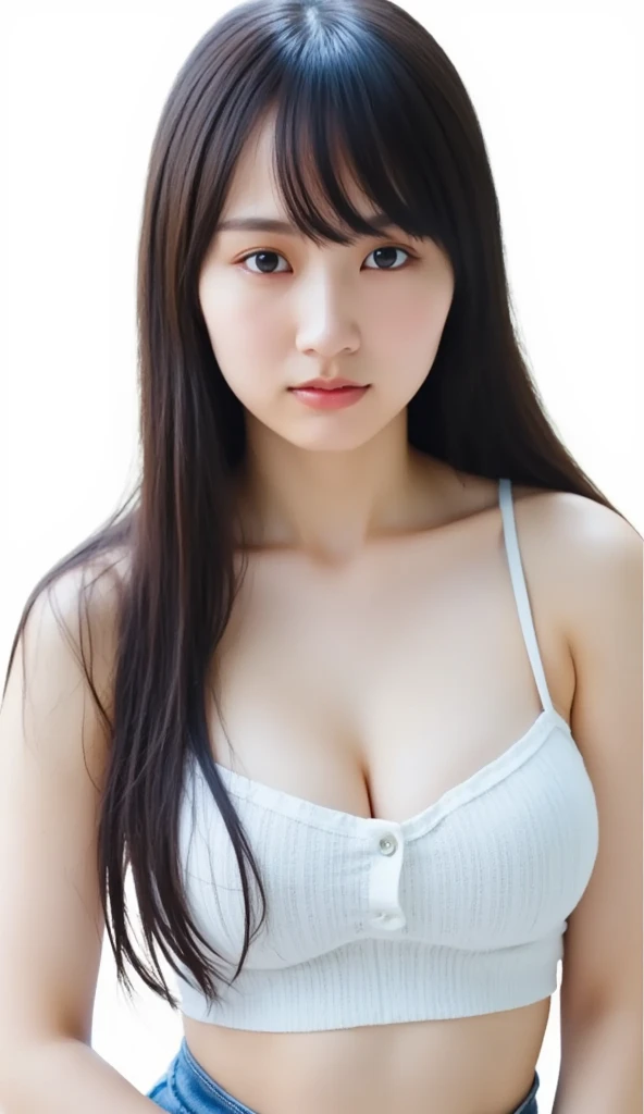 masterpiece, best quality, ultra quality, high quality, realistic, photo realistic, RAW photo, hyper detailed, intricate detailed, perfect anatomy,1girl,(long straight hair:1.4),bangs,(small breasts:1.4),small face,(slim),large eyes,beautiful, charming face,(clear skin:1.2),(gray sports bra:1.2),mole on breast, look at the viewer, (15 years old:1.1),Raise the skirt,Shibuya in Japan,(thigh visible:1.5),cleavage of the breast