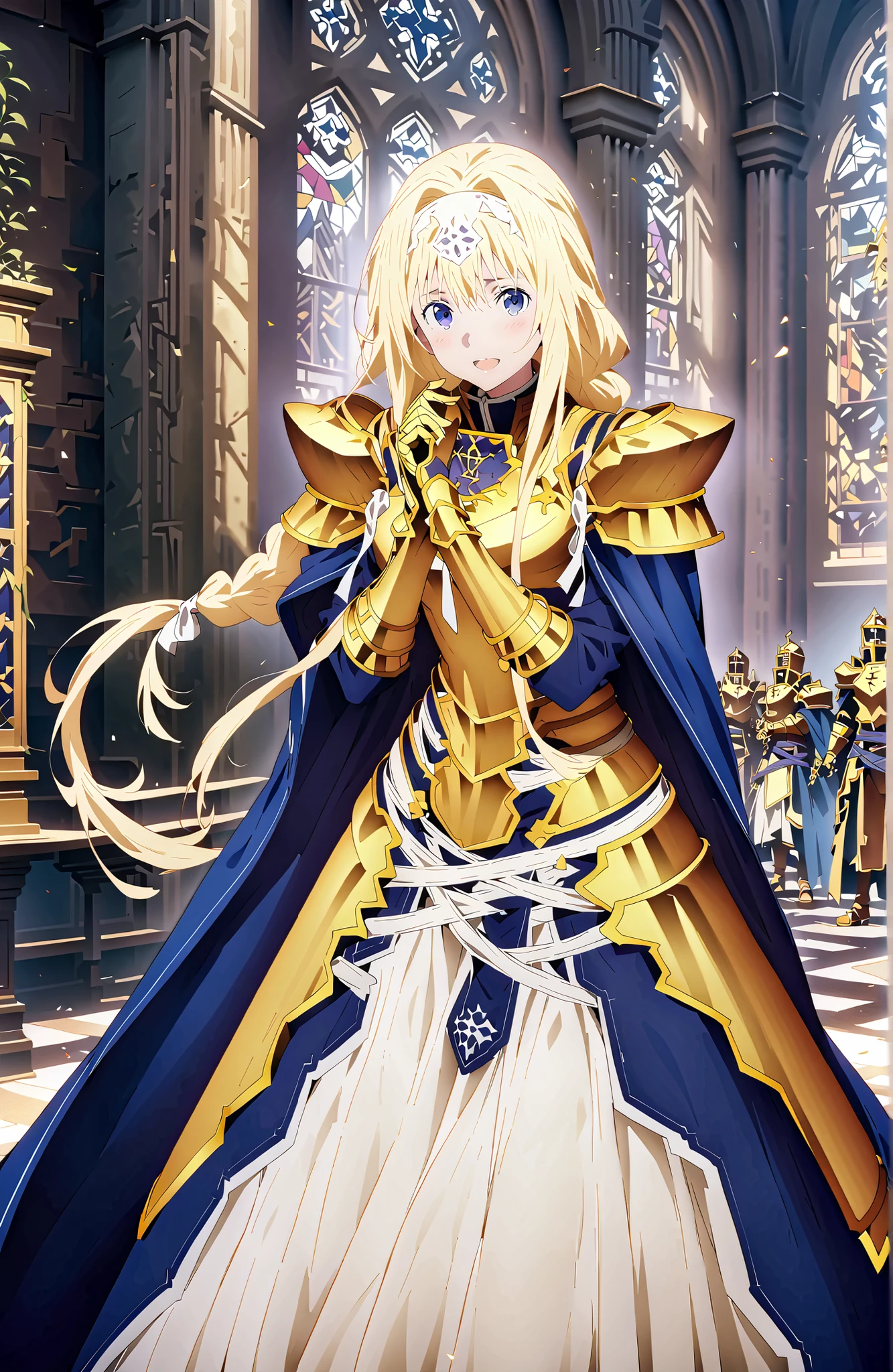 Alicesburg, Alice Zuburg, bungs, Gold, hair between eyes, Very braided, headband, white headband,close your eyes,smile,blush,open your mouth,
dress, cape, armor, blue dress, shoulder armor, gauntlet, shoulder armor, breastplate, armored dress, white long skirt, blue cape, Knight, gold armor, body armor,as if the whole body were in the illustration,stained glass,STANDING,full bodyがillustrationsに入るように,
break indoors,church,
break looking at viewer,full body,
break (masterpiece:1.2), Top Quality, high resolution, Unity 8k 壁紙, (illustrations:0.8),highly detailed faces, perfect lighting on the table, extremely detailed CG, (perfect hand, perfect anatomy),