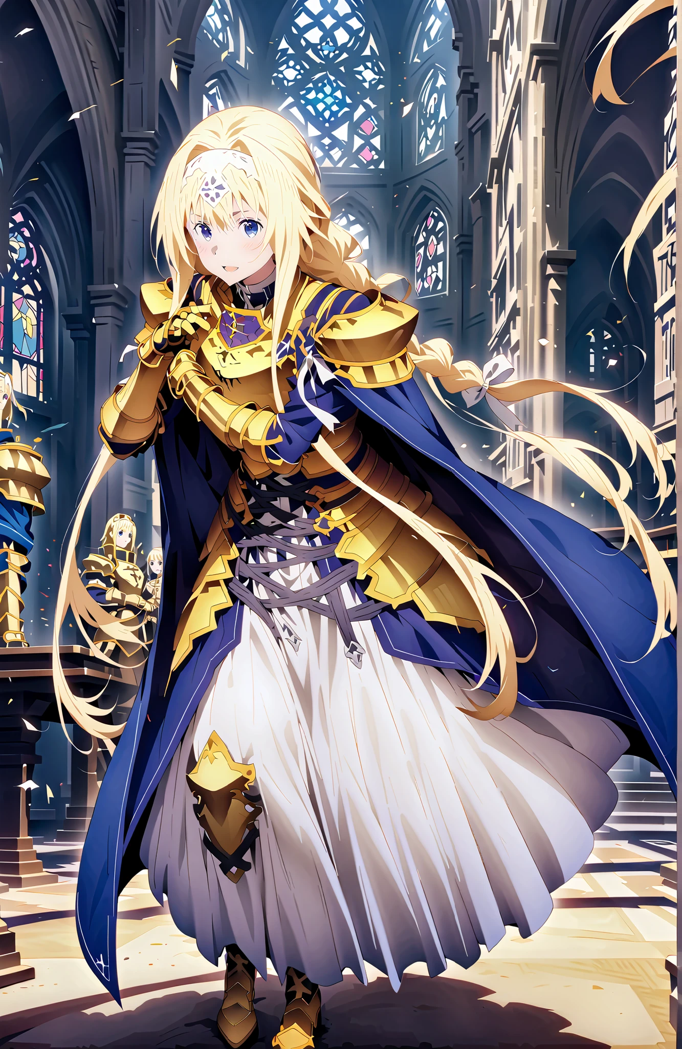 Alicesburg, Alice Zuburg, bungs, Gold, hair between eyes, Very braided, headband, white headband,close your eyes,smile,blush,open your mouth,
dress, cape, armor, blue dress, shoulder armor, gauntlet, shoulder armor, breastplate, armored dress, white long skirt, blue cape, Knight, gold armor, body armor,as if the whole body were in the illustration,stained glass,STANDING,full bodyがillustrationsに入るように,
break indoors,church,
break looking at viewer,full body,
break (masterpiece:1.2), Top Quality, high resolution, Unity 8k 壁紙, (illustrations:0.8),highly detailed faces, perfect lighting on the table, extremely detailed CG, (perfect hand, perfect anatomy),