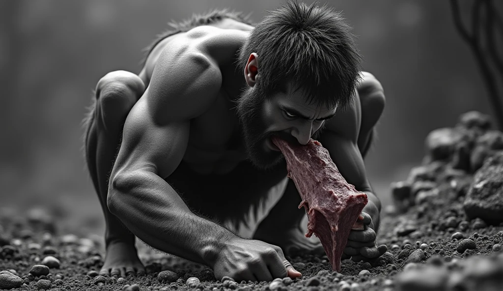 handsome bearded athletic man naked eats raw meat red blood black background