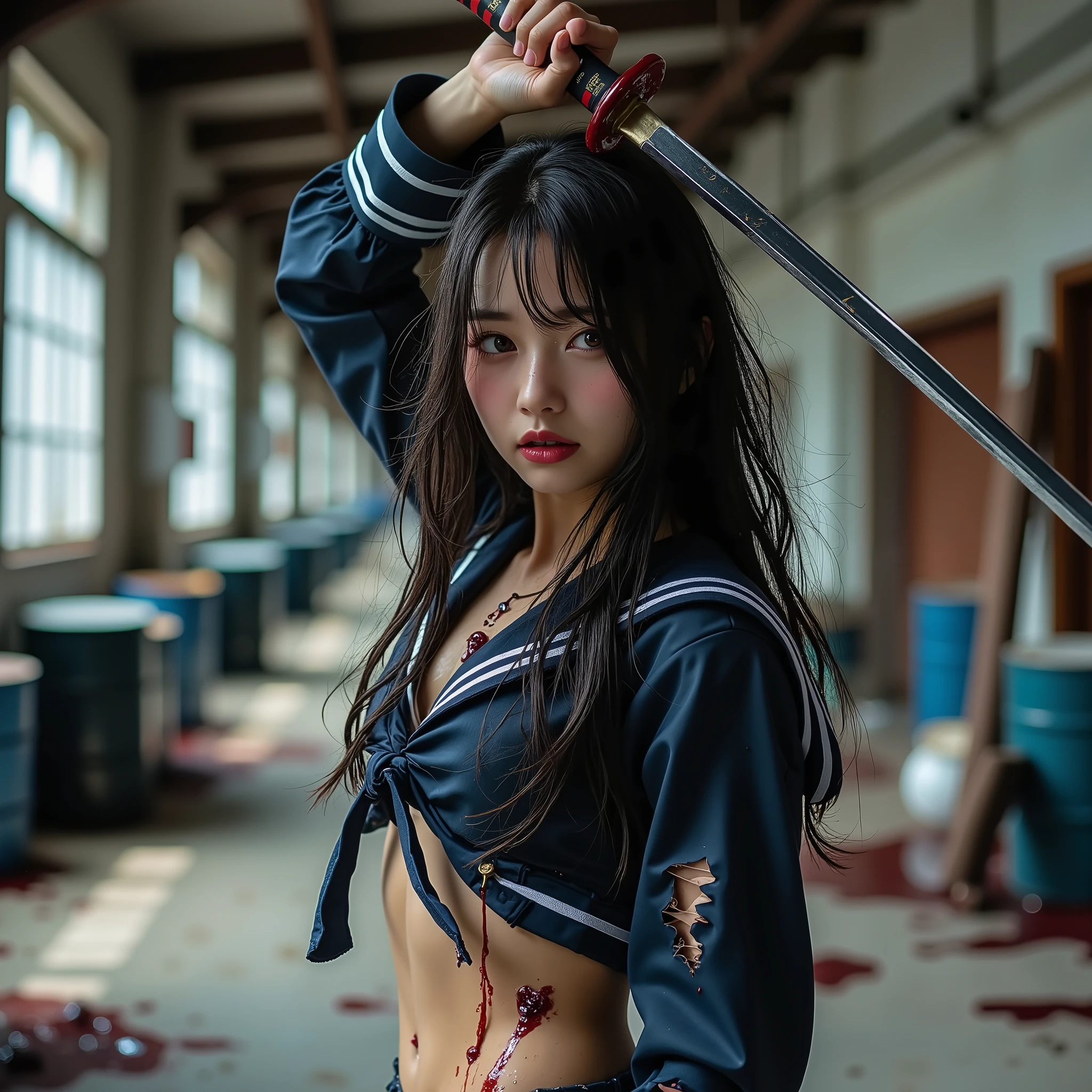 ((((anatomically correct human body structure)))、(((masterpiece、Top Quality:1.4)))、((real、very detailed、 Best Skin Details 、ultra high definition:2.0))、((real肌の質感:1.4))、(((real写真)))、((((photorealistic:2.0))))、realistic、absurd、Top Quality、((focus on the face:1.4))、(((NSFW)))、(((超real)))、((very detailed描写))、((solo))、(((1 high school girl:1.5)))、(((Extremely cool pose holding a Japanese sword in a high position:2.0)))、((( staring sharply at me with both hands :2.0)))、(((An 18-year-old Japanese cute and cool high school girl:1.8)))、((( wearing a dark blue long sleeve sailor suit torn all over :2.0)))、((斜め横からのfull body shot with mahiru))、(( Wide angle shot from slightly below :1.5))、Thoracic side、((24mm lens:1.4))、(((日本刀の刃先から女子高生の足元までのfull body shot with mahiru:1.5)))、(((realな日本刀、The exact shape of a Japanese sword 、 the blade shines sharply:1.5))), ((The girl's height is 160 cm、The length of the Japanese sword is 90cm、Blade length 70cm 、 handle length 20cm))、(( balance the entire body、Eliminate too long torso ))、((((Japanese sword with a straight, shiny blade 、She is holding the grip of a Japanese sword firmly with both hands and raising both elbows high, holding it above her head:2.0))))、(((( I don't hold anything other than the grip 、Never hold the blade part :2.0))))、((((I wear my arms side by side with my left hand on the upper side and my right hand on the lower side to hold the grip of the Japanese sword firmly:2.0))))、((((Posture of the haze:2.0))))、(((I'm holding one part of the Japanese sword grip with both hands:2.0)))、((( Hold the blade tip of the Japanese sword diagonally upward and hold it sharply :2.0)))、((((She has a cute and cool face and is glaring sharply at you、 a super cute and cool 18-year-old high school girl :2.0))))、((She is wearing black leather gloves with fingertips、She has cuts and bleeding on both legs:1.5))、((( definitely has a strong grip on a Japanese sword:1.5)))、(((I never hold a blade :2.0)))、(((The Japanese sword has only one grip :2.0)))、(((Aiming for the correct shape and balance of the entire body :2.0)))、(((realistic写真:2.0)))、((bloodyの汚れた白い靴下と白いスニーカー:1.4))、(((Black hair, straight, long hair dancing in the wind:1.5)))、((( my face, body, and clothes are stained with sweat, blood, and mud:1.5)))、((( I'm sweating quite a bit between my neck and cleavage )))、 high definition face、Beautiful and delicate face、(( spotlight on face and chest :1.5))、(((There is a lot of sweat on her forehead、She is dirty with mud and sweat、Very stern look)))、((詳細でrealな茶色の瞳))、(((realな瞳にキャッチライト:2.0)))、(((Detailed Long Lashes )))、((realな唇))、((full body shot with mahiru:1.5))、(( upper body shot above the knee :1.2))、(( accurate balance of the whole body :1.5))、Accurate arm shape、 accurate hand shape、(Accurate hand finger shape )、(exact number of fingers after hand work、5 )、Accurate leg shape、( how to hold an anatomically accurate grip ) 、((Japanese high school uniform、torn uniform 、A uniform stained with blood and mud :1.5))、(((Wear a dark blue long-sleeved winter suit and a white scarf and a navy blue flare skirt that's torn all over the place and the white scarf:2.0)))、(( wearing a navy blue flare skirt with the hem torn quite a bit and is stained with blood and mud :1.5))、((紺色の長袖セーラー服の破れた所と white scarf stained with blood の間から汚れて着崩れた白色ブラジャーとバストの下乳が見える:1.3))、((( white scarf stained with blood )))、((She has the tip of her Japanese sword pointing upwards:1.5))、((live action))、((bloody))、(full of wounds)、(Bruises、Internal bleeding)、(((I can see my stomach and belly button bleeding from the cut:1.he is bleeding from cuts、She has a lot of sweat on her forehead:1.5))、((Her navy blue skirt is torn and bloody and dirty with mud, Injured and bleeding, dirty navy blue long sleeve sailor suit :2.0))、((She is preparing to slash with the tip of her Japanese sword pointing upwards:1.5))、( Inside an old large warehouse with abandoned depth )、 rusted drum 、Waste materials、scoop、 Blood Splashes on Floors and Walls 、(( Strong light from a window shines in in the dim ))、( The light from the window is sharply reflected on the blade of a long Japanese sword )、((( impressive pose where you feel movement 、Shaking due to movement of hair, jacket, and skirt :1.5)))、(((Impressive footage )))、((Impressive cinematic depiction ))、(professional lighting)