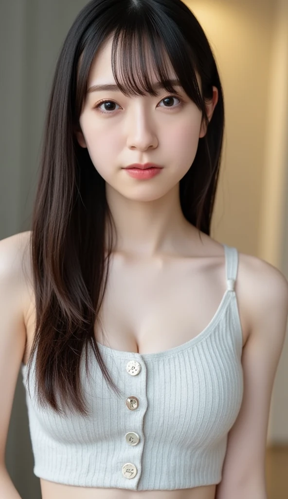 realistic photos of (1 cute Korean star) flipped hair, thin makeup, big breasts:1.3, sexy erotic tiny string of G-string lingerie, at the train station, clear facial features of Canon EOS, 16k, high resolution, sharp and realistic details, overexposure, cut-in, UHD, high res, best quality, 3/4 body, little smile, (sweating), ((long hair))