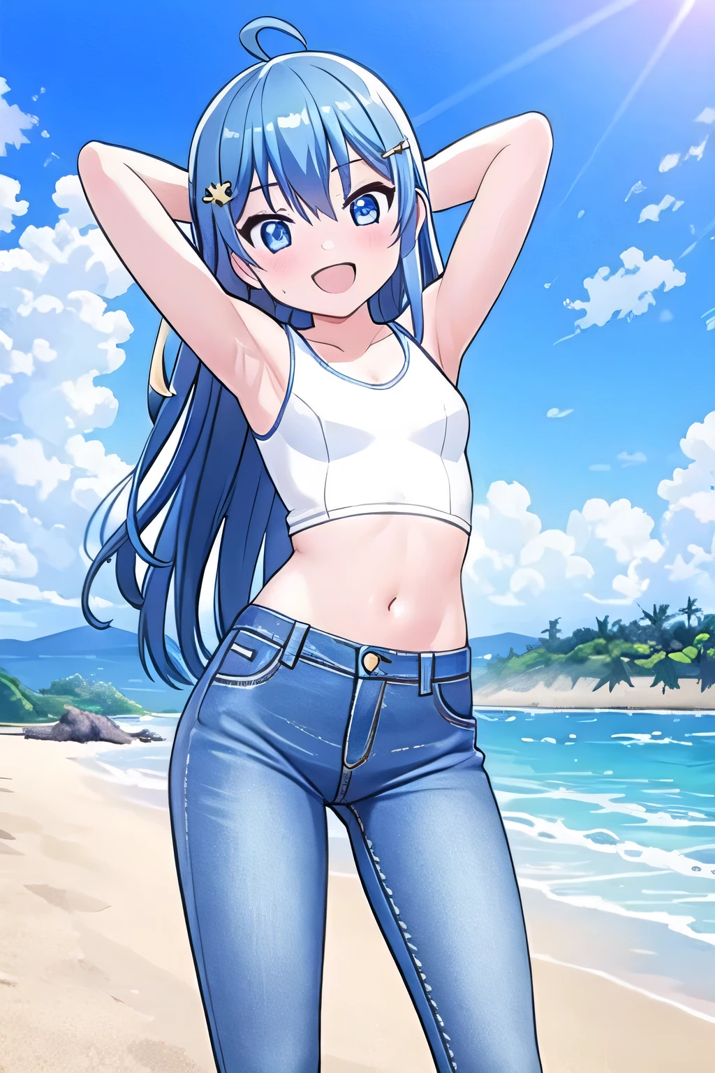 masterpiece, best quality, ultra detail, ((Perfect Face, perfect eyes, perfect hair, perfect arm)), 1girl, o, petite, ((round face, ecstasy, orgasm face, drooping eyes, shame smiling, blush)), dropping eyes, sleepy, Open mouth, ((White teeth)), background((under the beach, (day:1.2), ocean, bright sky)), sora harewataru, (blue eyes:1.2), (blue hair:1.2), ahoge, crossed bangs, hair between eyes, hair ornament, x hair ornament, (long hair:1.4), (straight hair:1.7), ((arms behind head, hands behind head, fingers behind head)), ((contrapposto)), spread armpits, looking at viewer, (white tank top:1.2), (white crop top:1.2), (jeans pants:1.2, flares jeans:1.2, skinny jeans:1.2, blue jeans:1.2), standing, (legs spread:1.4), sex pose, Sweaty crotch, Steam from the crotch, from below, whole body