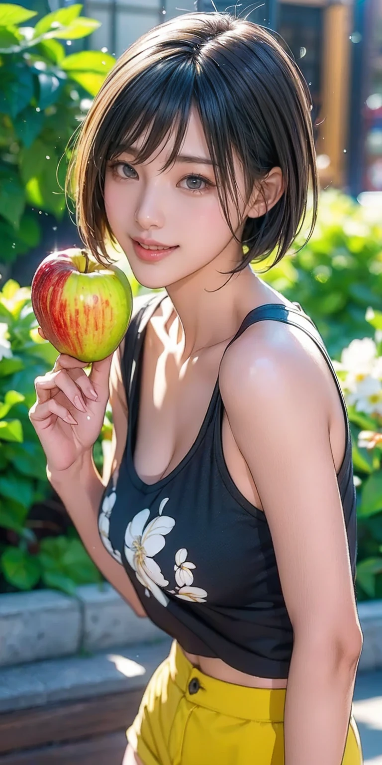 masterpiece, best quality, (realistic,photo-realistic:1.4), (RAW photo:1.2), extremely detailed CG unity 8k wallpaper, delicate and beautiful, amazing, finely detail,official art, absurdres, incredibly absurdres, huge filesize, ultra-detailed, extremely detailed, extremely detailkcaled girl,extremely detailed eyes and face, light on face,little smiles,short hair,black hair,garden,(wearing red framed glasses:1.4),grass field,small breast,(wearing red shirt:1.3),(fruits:1.4)