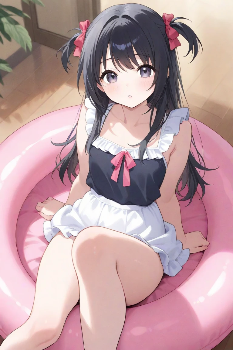 (young girl ,short stature,gyaru)) ,flat chest,black hair,long hair,nsfw,,((frilled-one-piece-swimsuit,)),,beach,many boys surround,penis,sitting,condom,dild