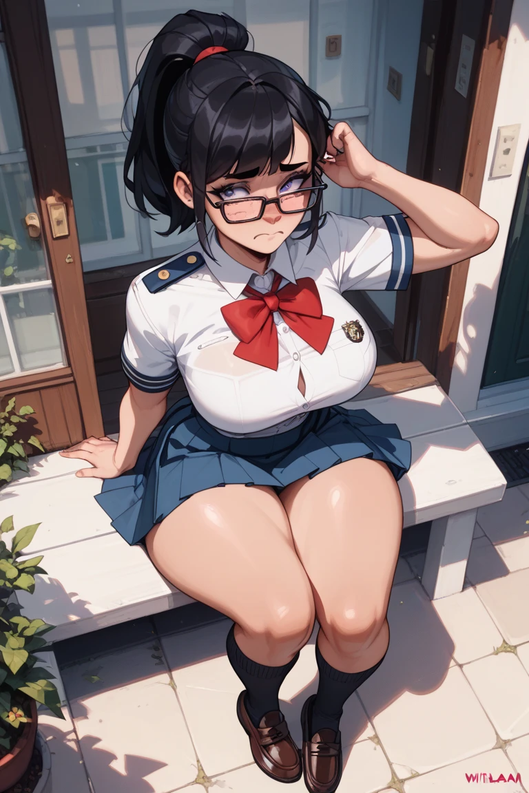 1 Japanese girl, glasses, sitting, smile, (slim body:1.3), huge breasts, (long and slender legs:1.3), (braid:1.2), black hair, school uniform,