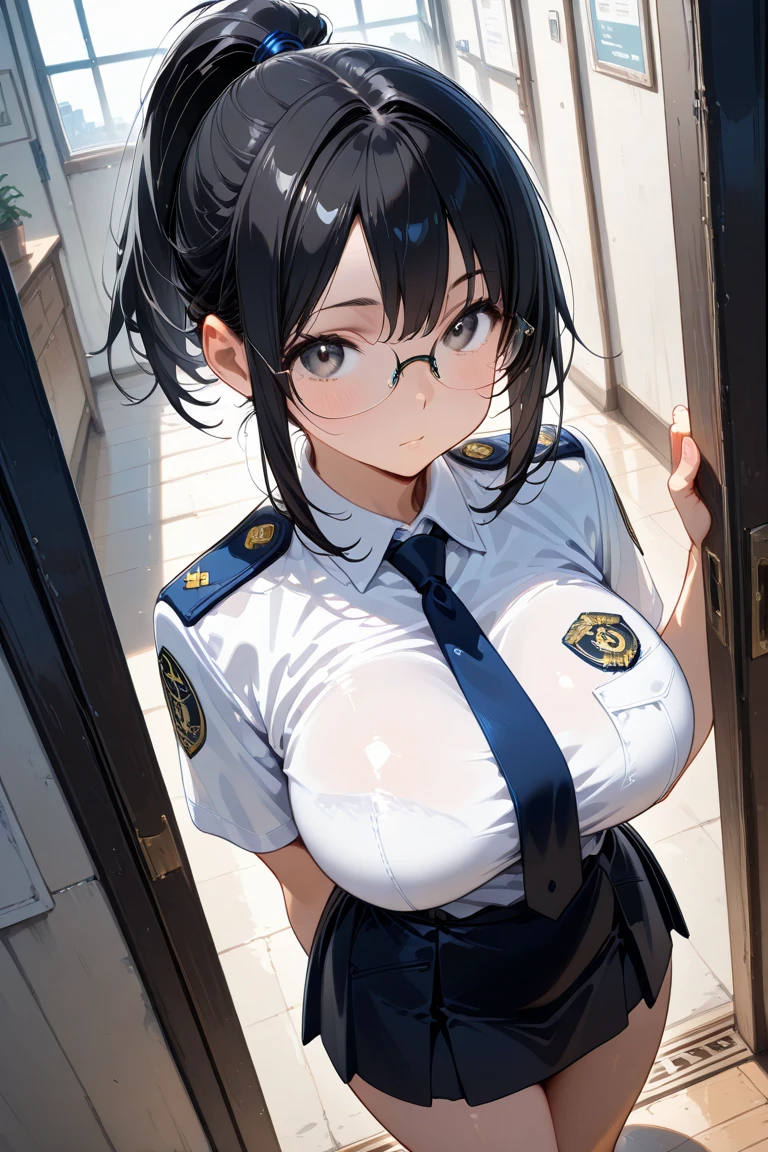 (highest quality, High resolution, perfect pixel, Depth of the bounds written, 4K),
beautiful anime girl,
looking at the viewer,
perfect body,
(blush all over the face:1.2), open mouth, embarrassed, angry,
short hair, black hair, blue eyes, (huge breasts:1.2),
focus breasts, from above,
in prison,
Black Police Peak Cap, police, cleavage,
Midriff, (White shirt), front-tie top, Black high-waisted shorts, groin, Rat trail section,