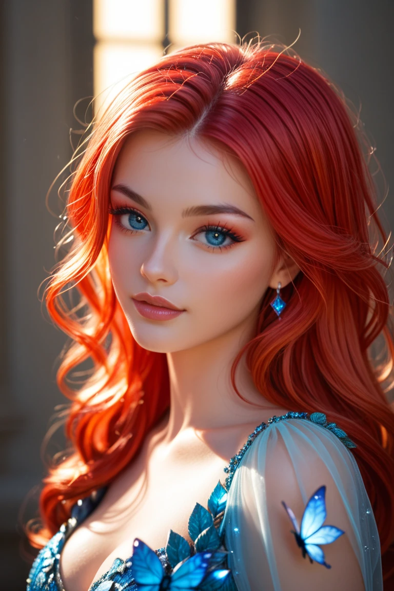 extremely beautiful model, 20 years old female, skandinavian, long bright orange hair, realistic, perky breasts, cleavage, crop top, ripped jeans, Midriff, Wide Smile, Eyes Detailed & Wide, Dynamic Pose. Hoop earing, arm bangles, headband scarf, Ultra HD, Rococo-Inspired Fantasy Art With Intricate Details. Cute, red lips, long lashes,Charming Expression, Alluring-Gaze, looking at viewer, Beautiful Eyes, An-Ideal-Figure. Large Youthful Well-Shaped-Breasts, Attractive ass showcased. Massive-Round-Bosom, turning. Mesmerizingly mash up of Scarlett Johanson. Alison Brie & Molly Quinn