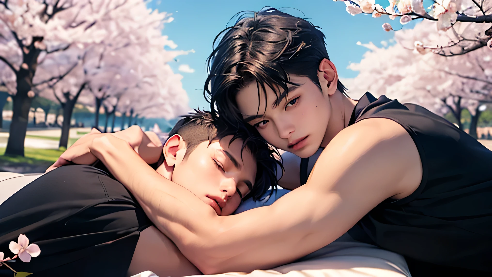 Two Japanese men Two cute handsome very short black hair casual with short hem blue sky Cherry blossom trees in the background cherry blossoms in full bloom Mega Bulge Men sleep and hug each other down