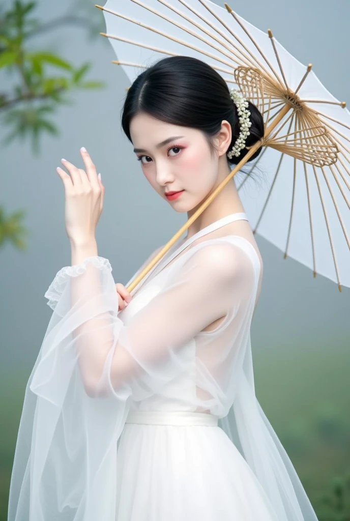 A beautiful European girl, Standing in the garden, Wearing white lace cheongsam, Holding an exquisite pure white lace fan, Covering your face, Fine workmanship of the fan, With white lace floral pattern, The girl has long hair, elegant, Soft light, diffusion, Soft and delicate colors, Natural light, Elegant and beautiful, Romanticism, Luminism, first-person view, cowboy shot, UHD, masterpiece, accurate, anatomically correct, high details, award winning, 8k