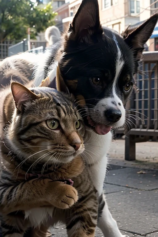 Make a logo with a dog hugging a cat and a bird on top