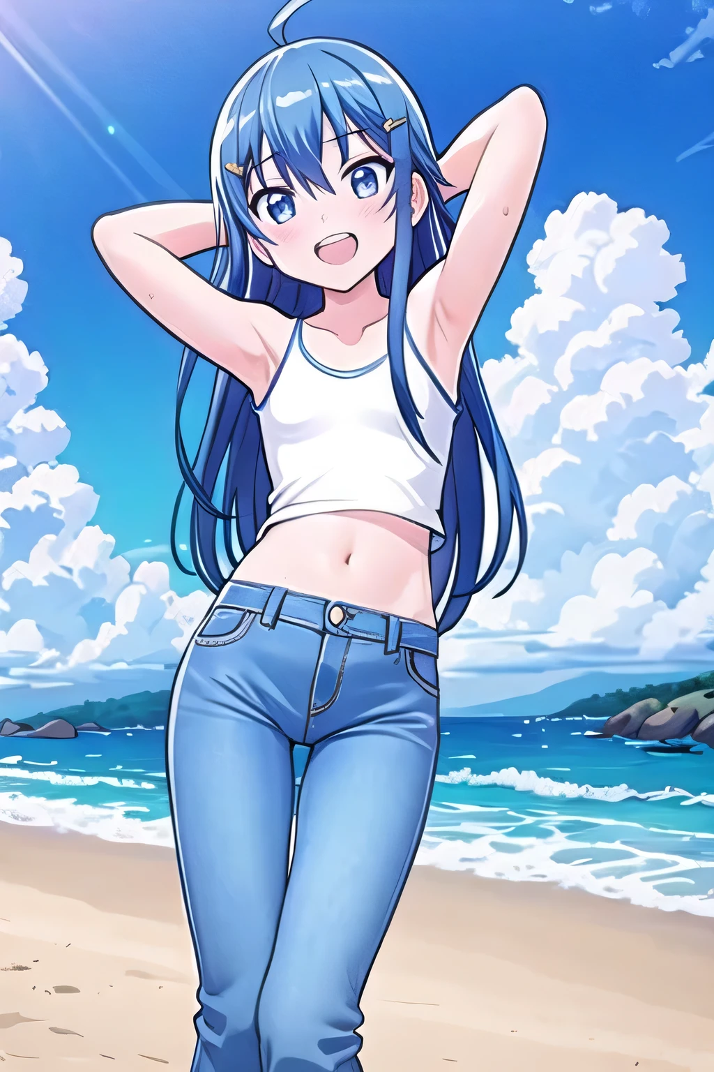 masterpiece, best quality, ultra detail, ((Perfect Face, perfect eyes, perfect hair, perfect arm)), 1girl, o, petite, ((round face, ecstasy, orgasm face, drooping eyes, shame smiling, blush)), dropping eyes, sleepy, Open mouth, ((White teeth)), background((under the beach, (day:1.2), ocean, bright sky)), sora harewataru, (blue eyes:1.2), (blue hair:1.2), ahoge, crossed bangs, hair between eyes, hair ornament, x hair ornament, (long hair:1.4), (straight hair:1.7), ((arms behind head, hands behind head, fingers behind head)), ((contrapposto)), spread armpits, looking at viewer, (white tank top:1.2), (white crop top:1.2), (jeans pants:1.2, flares jeans:1.2, skinny jeans:1.2, blue jeans:1.2), standing, (legs spread:1.4), sex pose, Sweaty crotch, Steam from the crotch, from below, whole body