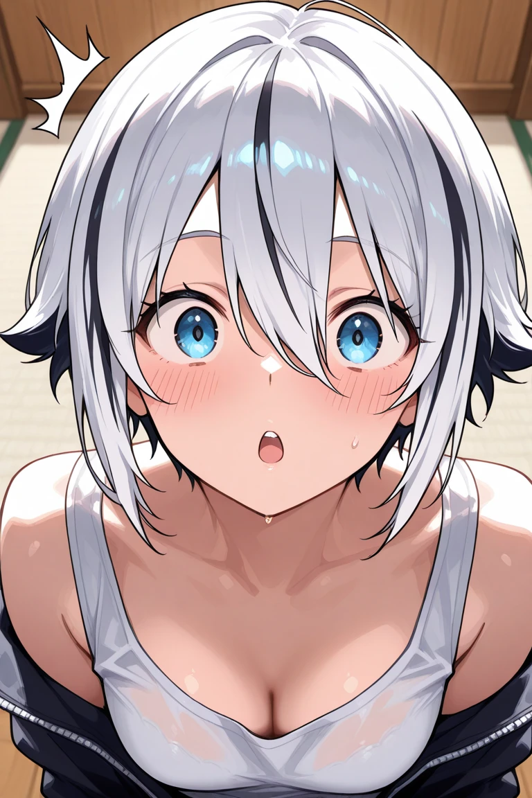 highest quality,32k,Raw photo,Sweat, Ahegao,Short gray hair