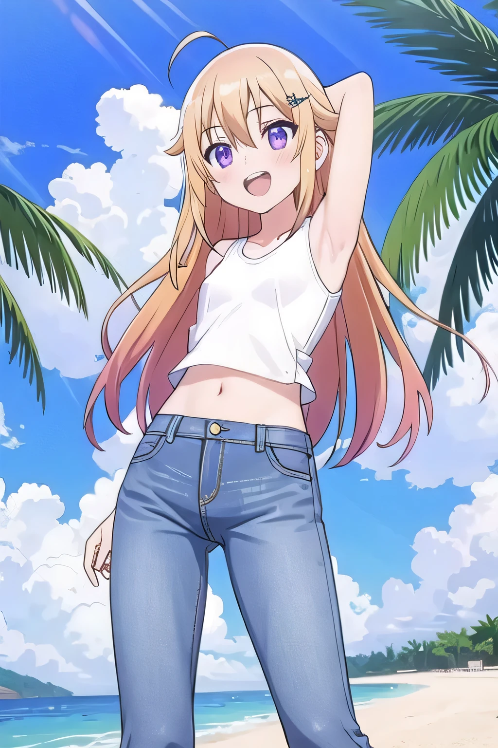 masterpiece, best quality, ultra detail, ((Perfect Face, perfect eyes, perfect hair, perfect arm)), 1girl, o, petite, ((round face, ecstasy, orgasm face, drooping eyes, shame smiling, blush)), dropping eyes, sleepy, Open mouth, ((White teeth)), background((under the beach, (day:1.2), ocean, bright sky)), koshi torako, (purple eyes:1.2), (blonde hair:1.2), ahoge, crossed bangs, hair between eyes, hair ornament, x hair ornament, (long hair:1.4), (straight hair:1.7), ((arms behind head, hands behind head, fingers behind head)), ((contrapposto)), spread armpits, looking at viewer, (white tank top:1.2), (white crop top:1.2), (jeans pants:1.2, flares jeans:1.2, skinny jeans:1.2, blue jeans:1.2), standing, (legs spread:1.4), sex pose, Sweaty crotch, Steam from the crotch, from below, whole body