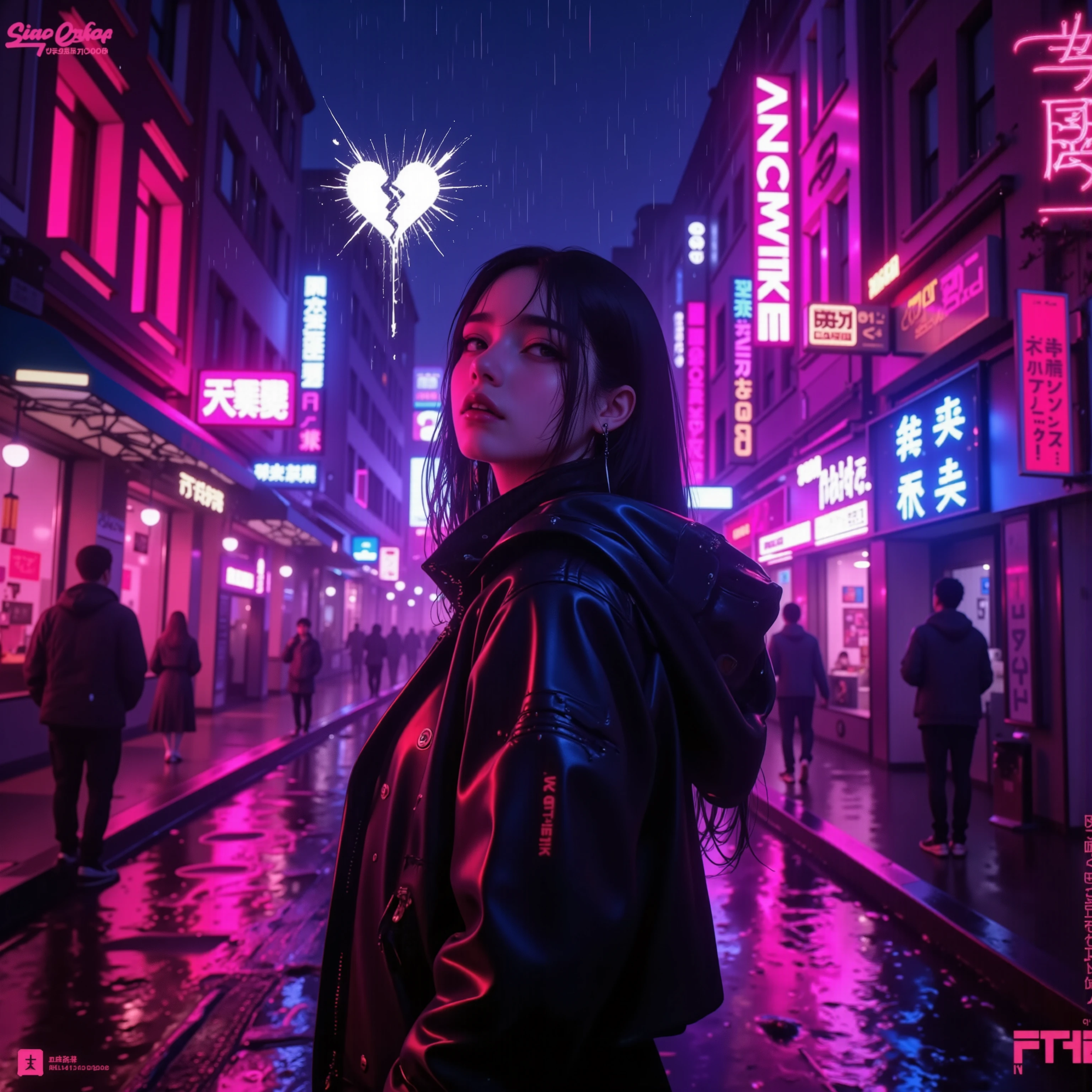 A moody, cinematic album cover for a Spanish pop song. The image should feature a young woman standing alone in a neon-lit city street at night, with soft rain falling. She wears a stylish jacket, looking reflective but strong, as if she has moved on from a heartbreak. The background glows with pink, purple, and blue lights, creating a retro 80s synthpop atmosphere. Include subtle visual metaphors like a single tear turning into light or a broken heart shape dissolving into the rain. Style: cinematic, emotional, retro-futuristic. Resolution: 1600x1600 pixels.