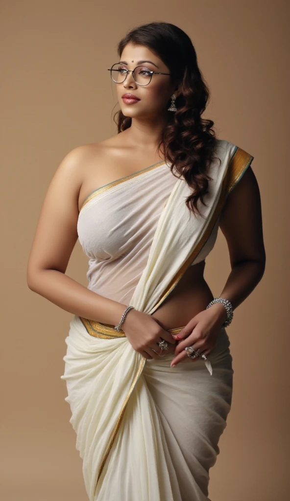 Create an image of a women wearing saree and exposing her navel. Her belly should be toned and her navel should be big, round shaped and deepened. Her bossom should be bigger.