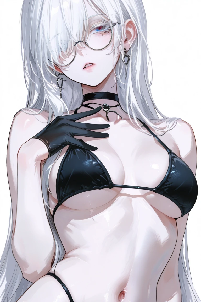 1girl, evil smile, red eyes, long hair, forehead, white hair, black choker, belly, medium breast, extreme micro bikini, black lipstick, black lipstick ear piercings, cowboy shot, armpits, lying bust up shot, thicc legs, wheatskin, loose hair, stockings