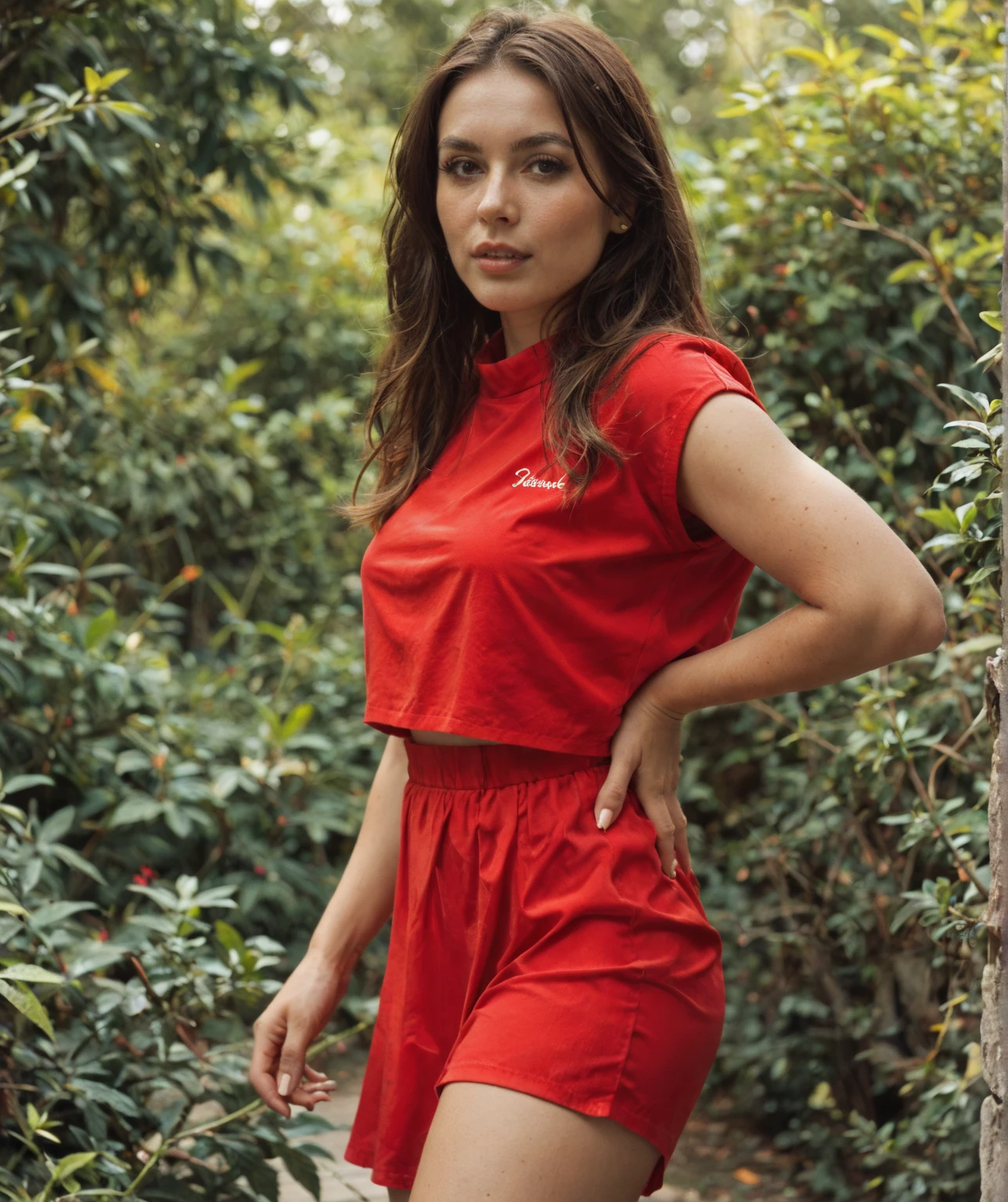 Generate me a Russian model top with a magnificent ultra real face very detailed in 8k, a magnificent orange summer outfit ,Jewelry,accessories, a landscape with a magnificent lake
