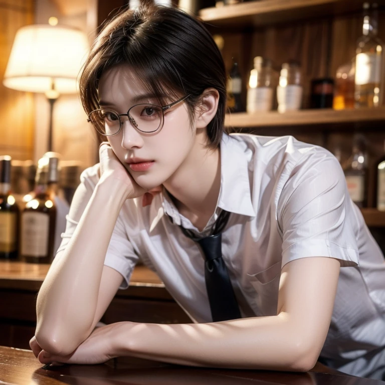 Boys and girls dating,at a bar,Boy idol face,Tall,wears glasses