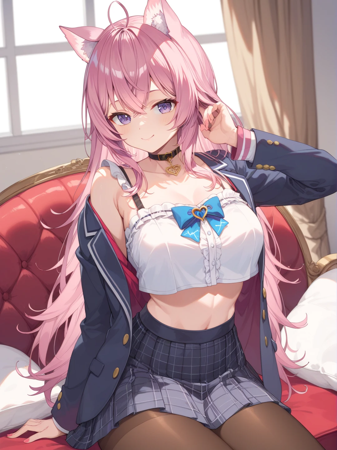 masterpiece, best quality, highly detailed, high resolution, expensive resolution, high resolution, 4k, 8k, Unity 8k wallpaper, highly detailed CG, masterpiece, 2d, 3d, beautiful details, depth, fine texture, best quality: 1.3, perfect focus, crispy skin, him, very cute anime 20s girl, sexy uniform in secretary department, big breasts, expensive pink medium long hair, above the knees, secretary's office, mole under eye, looking at the viewer, expensive, mole, open lips,, heart, pink eyes, heart choker