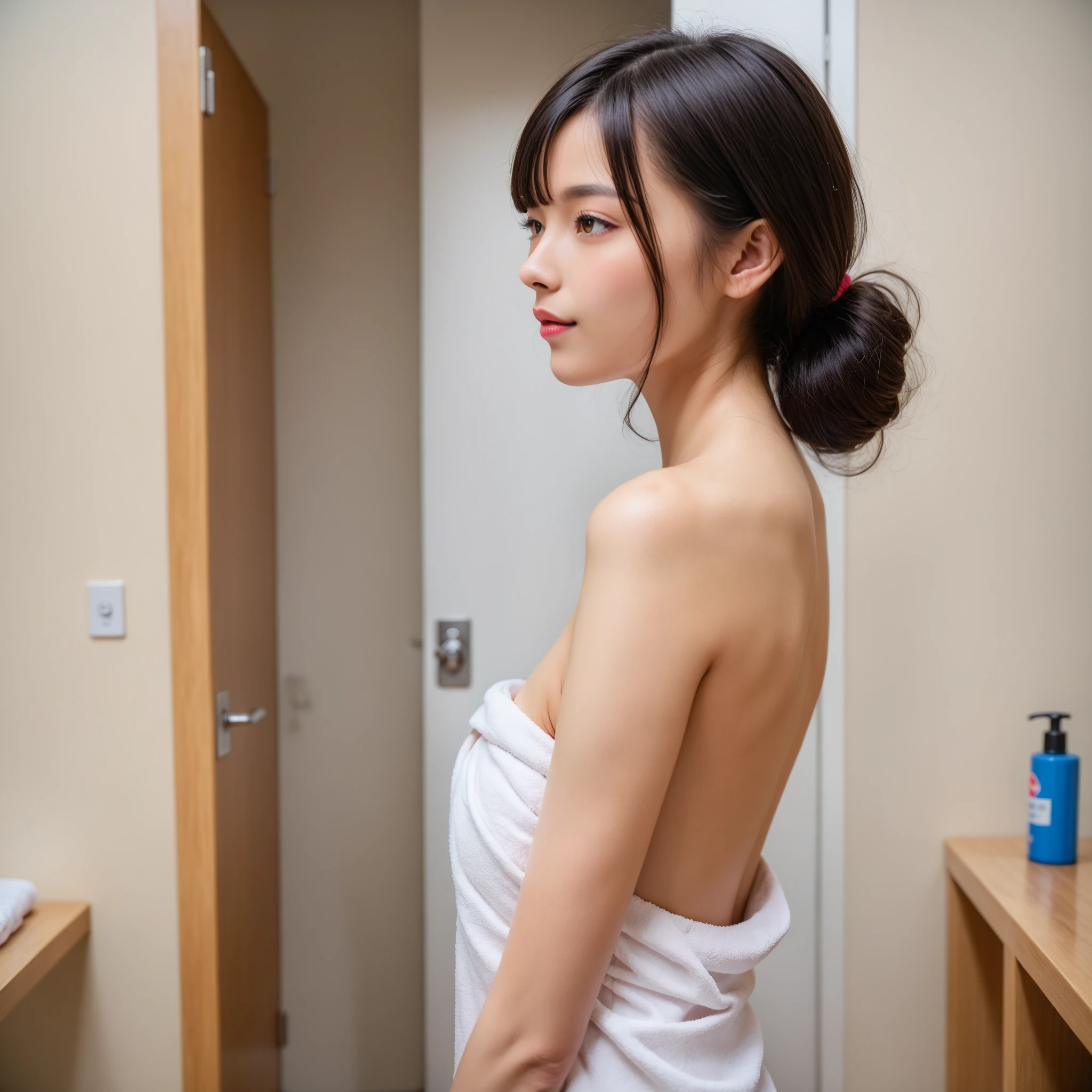 One girl, small, black hair, bangs, bob-cut hair, wiping her body with a bath towel, sitting on a bench with her posture straightened, in the changing room, locker, depth of field, mental silence, transcendental tranquility, Absurdres, hdr, ultra-detailed illustration, highly detailed face, RAW photography, film grain, deviantart trend, movie scene, natural light, Round brown glasses, nude