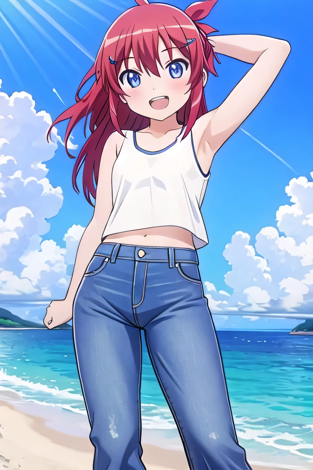 masterpiece, best quality, ultra detail, ((Perfect Face, perfect eyes, perfect hair, perfect arm)), 1girl, o, petite, ((round face, ecstasy, orgasm face, drooping eyes, shame smiling, blush)), dropping eyes, sleepy, Open mouth, ((White teeth)), background((under the beach, (day:1.2), ocean, bright sky)), koshigaya_natsumi_nonnonbiyori, (blue eyes:1.2), (red hair:1.2), ahoge, crossed bangs, hair between eyes, hair ornament, x hair ornament, (long hair:1.4), (straight hair:1.7), ponytail, ribbon, hair_ribbon, ((arms behind head, hands behind head, fingers behind head)), ((contrapposto)), spread armpits, looking at viewer, (white tank top:1.2), (white crop top:1.2), (jeans pants:1.2, flares jeans:1.2, skinny jeans:1.2, blue jeans:1.2), standing, (legs spread:1.4), sex pose, Sweaty crotch, Steam from the crotch, from below, whole body