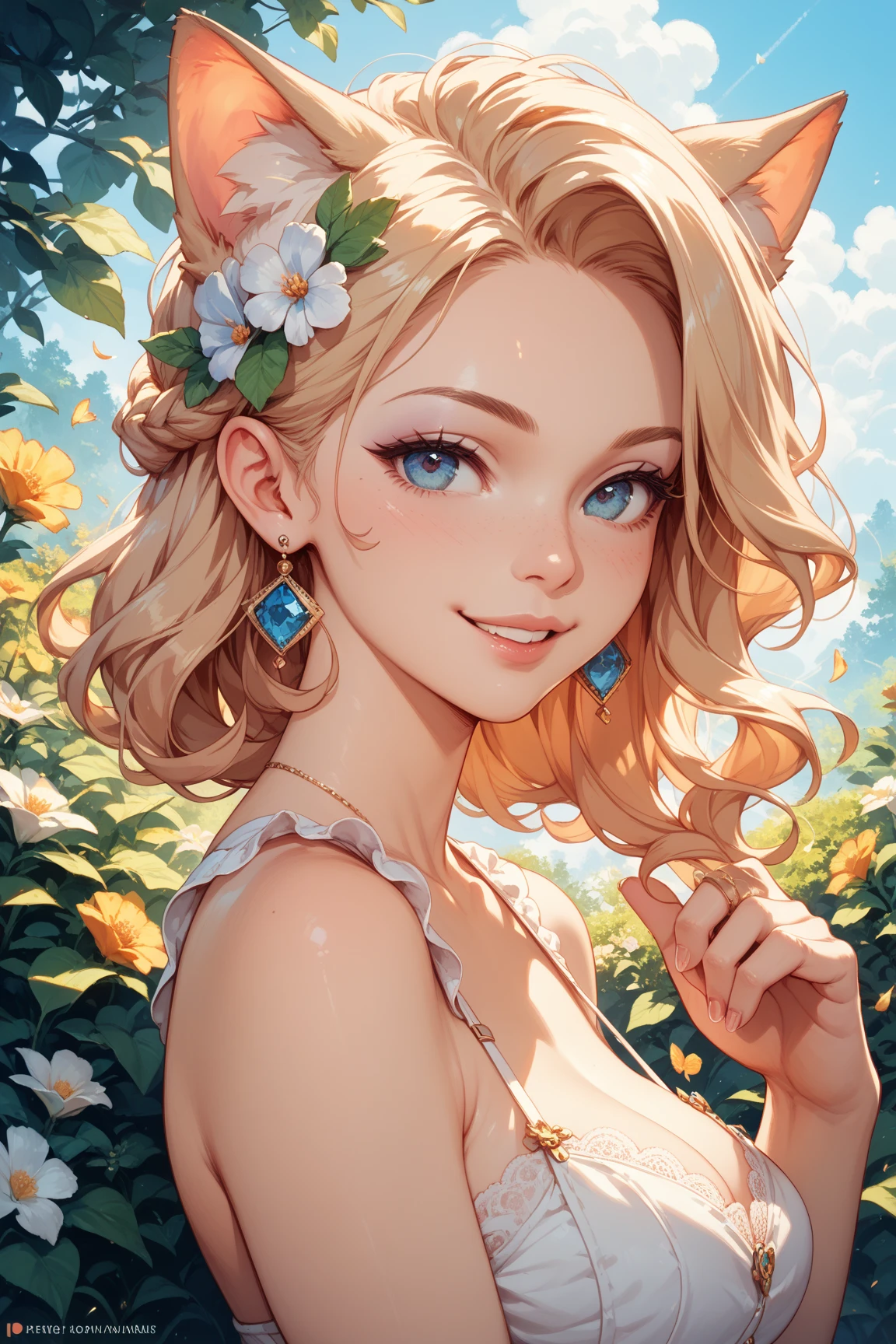 (masterpiece:1.2), (best quality:1.2), perfect eyes, perfect face, perfect lighting, topless girl, mature female in a field, medium blond hair, curly hair, detailed clothes, detailed outdoor background, makeup, eyeshadow, thick eyelashes, fantasy, looking at the viewer, spring