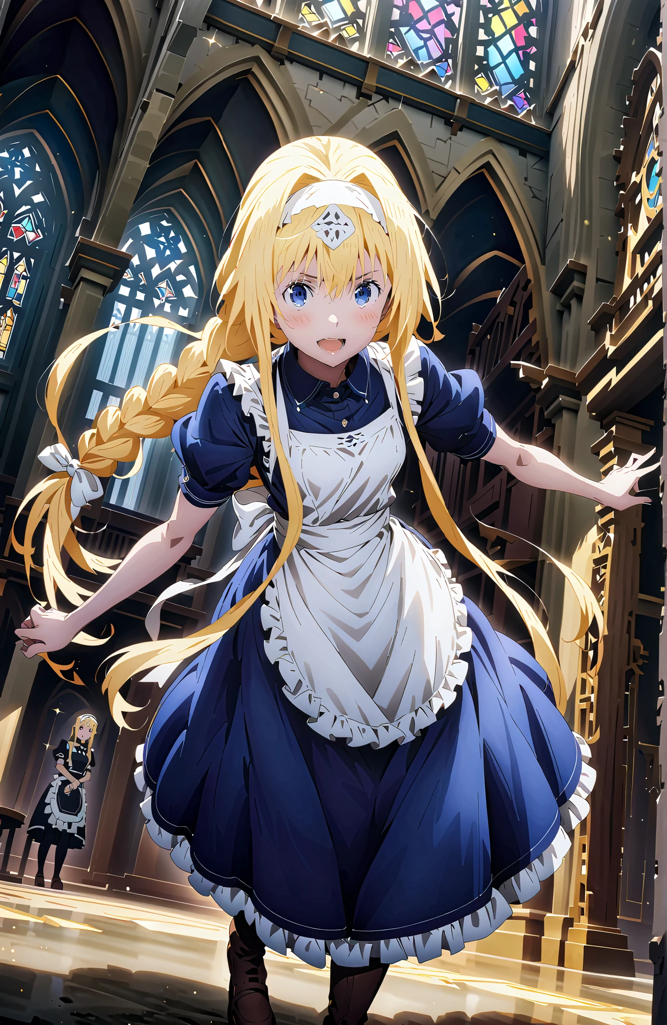 Alicesburg, Alice Zuburg, bungs, Gold, hair between eyes, Very braided, headband, white headband,close your eyes,smile,blush,open your mouth,
break dress, bow, ribbon, Short sleeve, frills, apron, puffy Short sleeve, Blue clothes, brown footwear, knee boots, white bow, white apron, frilled apron,Holding a bouquet with both arms,stained glass,STANDING,full bodyがillustrationsに入るように,
break indoors,church,
break looking at viewer,full body,
break (masterpiece:1.2), Top Quality, high resolution, Unity 8k 壁紙, (illustrations:0.8),highly detailed faces, perfect lighting on the table, extremely detailed CG, (perfect hand, perfect anatomy),