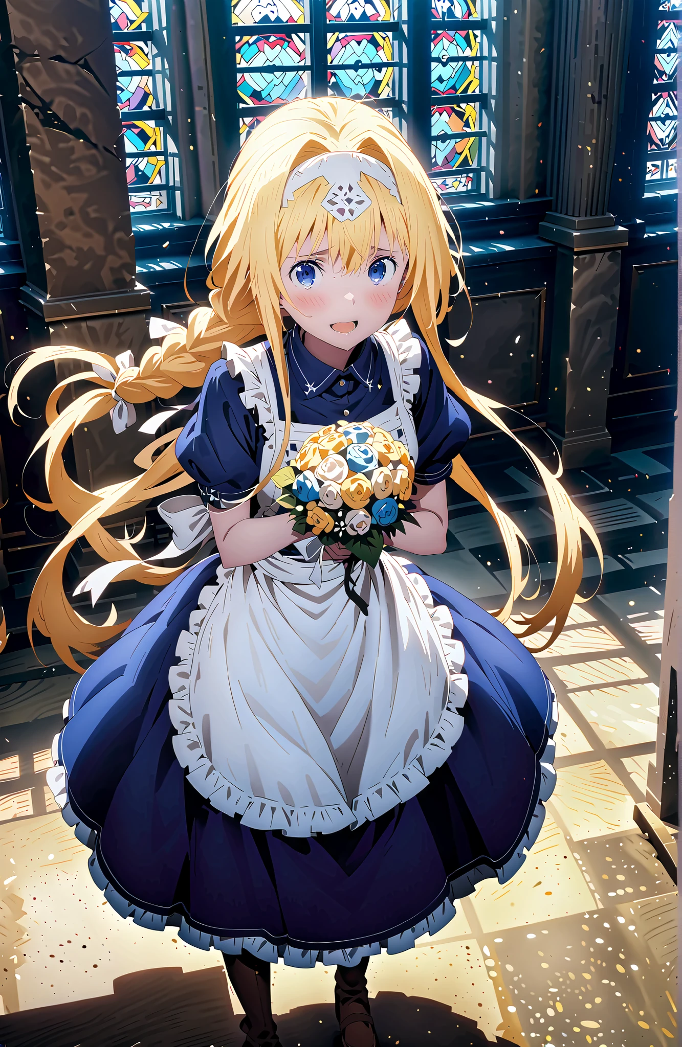 Alicesburg, Alice Zuburg, bungs, Gold, hair between eyes, Very braided, headband, white headband,close your eyes,smile,blush,open your mouth,
break dress, bow, ribbon, Short sleeve, frills, apron, puffy Short sleeve, Blue clothes, brown footwear, knee boots, white bow, white apron, frilled apron,Holding a bouquet with both arms,stained glass,STANDING,full bodyがillustrationsに入るように,
break indoors,church,
break looking at viewer,full body,
break (masterpiece:1.2), Top Quality, high resolution, Unity 8k 壁紙, (illustrations:0.8),highly detailed faces, perfect lighting on the table, extremely detailed CG, (perfect hand, perfect anatomy),