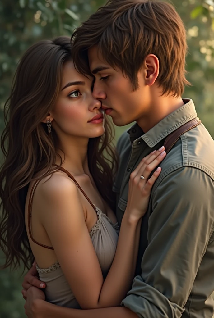 HDR photo, (medium shot , slightly above) of two lovers cuddling, detailed face, located in a romantic scene at a beautiful hilltop during dawn with clear weather, illuminated by warm glow, creating a loving atmosphere, Masterpiece,best quality, photo, realistic, very aesthetic,