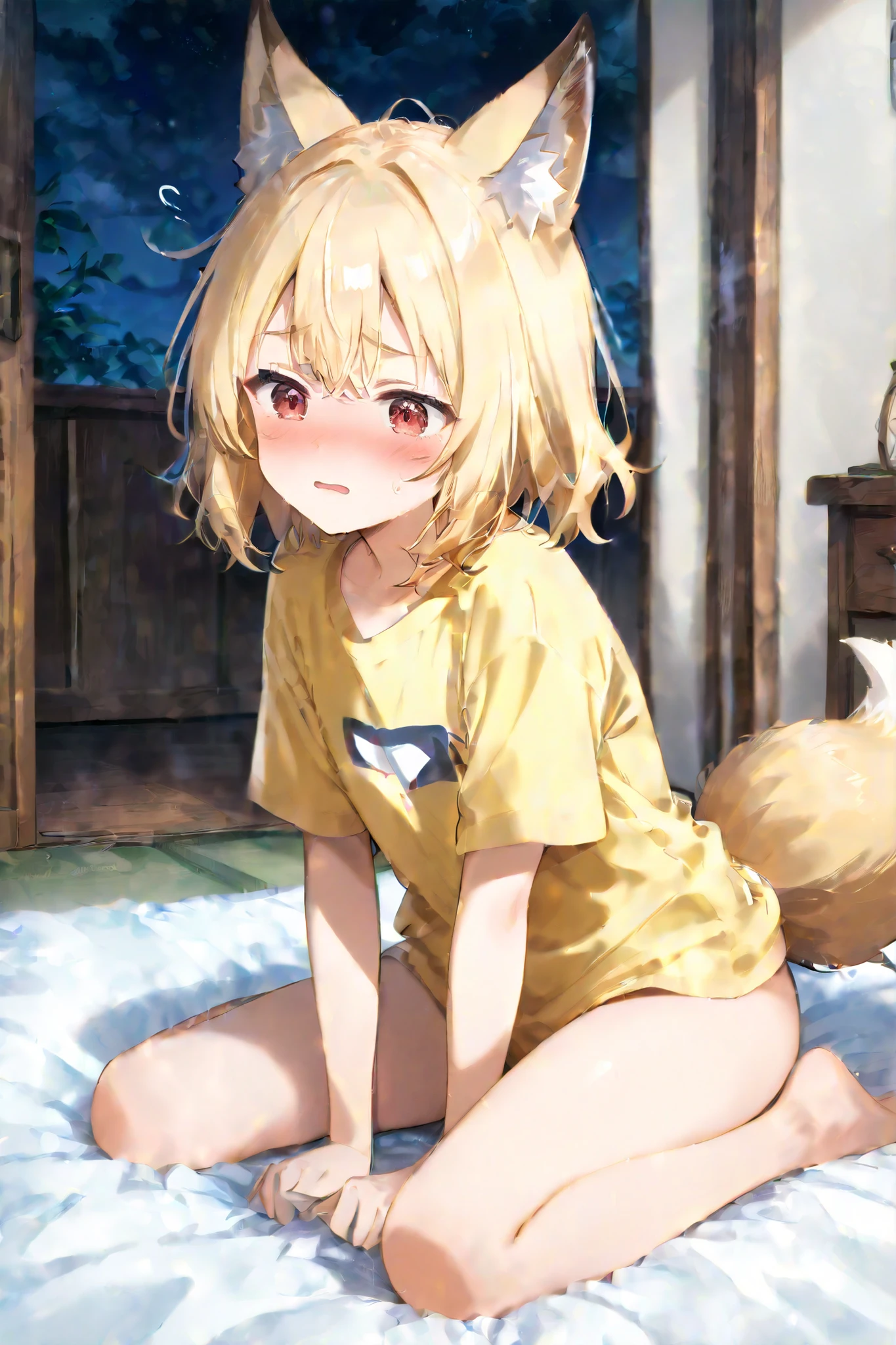 night Japanese style house hallway I have bed sheets Little elementary school girl The upper body is a yellow plain t-shirt lower body naked barefoot Fox Girl blond medium bob and slightly unkempt red eyes One tail nervous expression for s