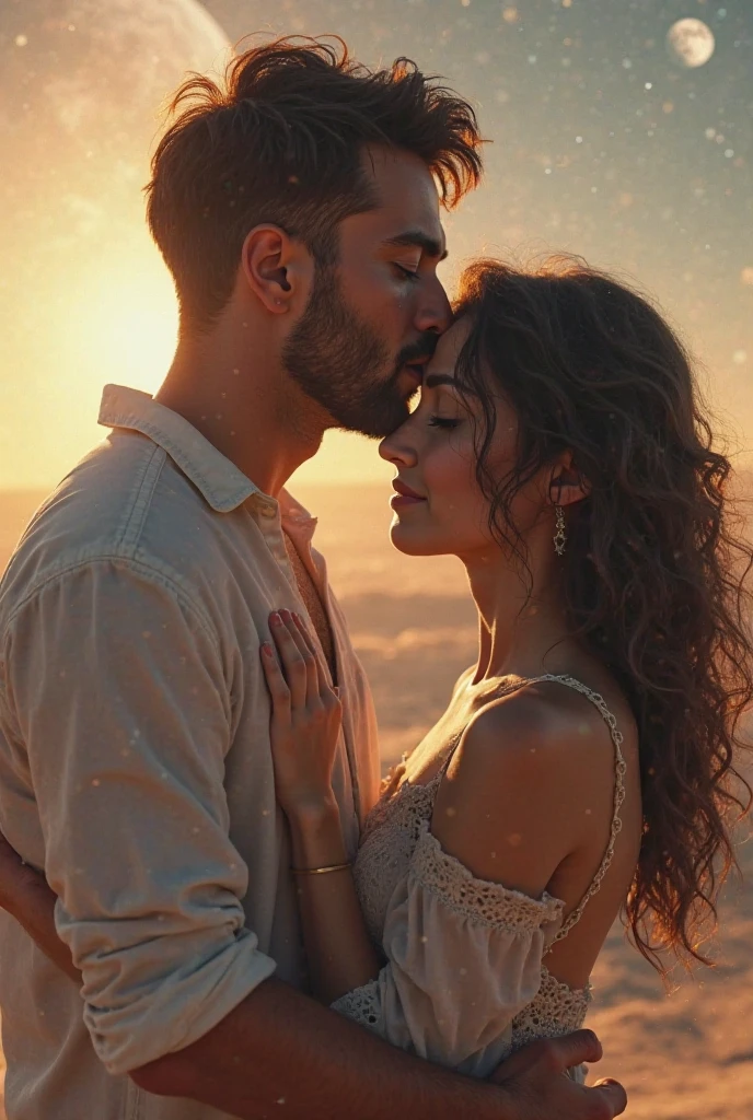 A girl with long light brown hair, wearing a striped long sleeve sweater, the blouse is gray with red stripes.
She is kissing an Indian boy, with short black hair, the boy and they are on a beach in Rio de Janeiro