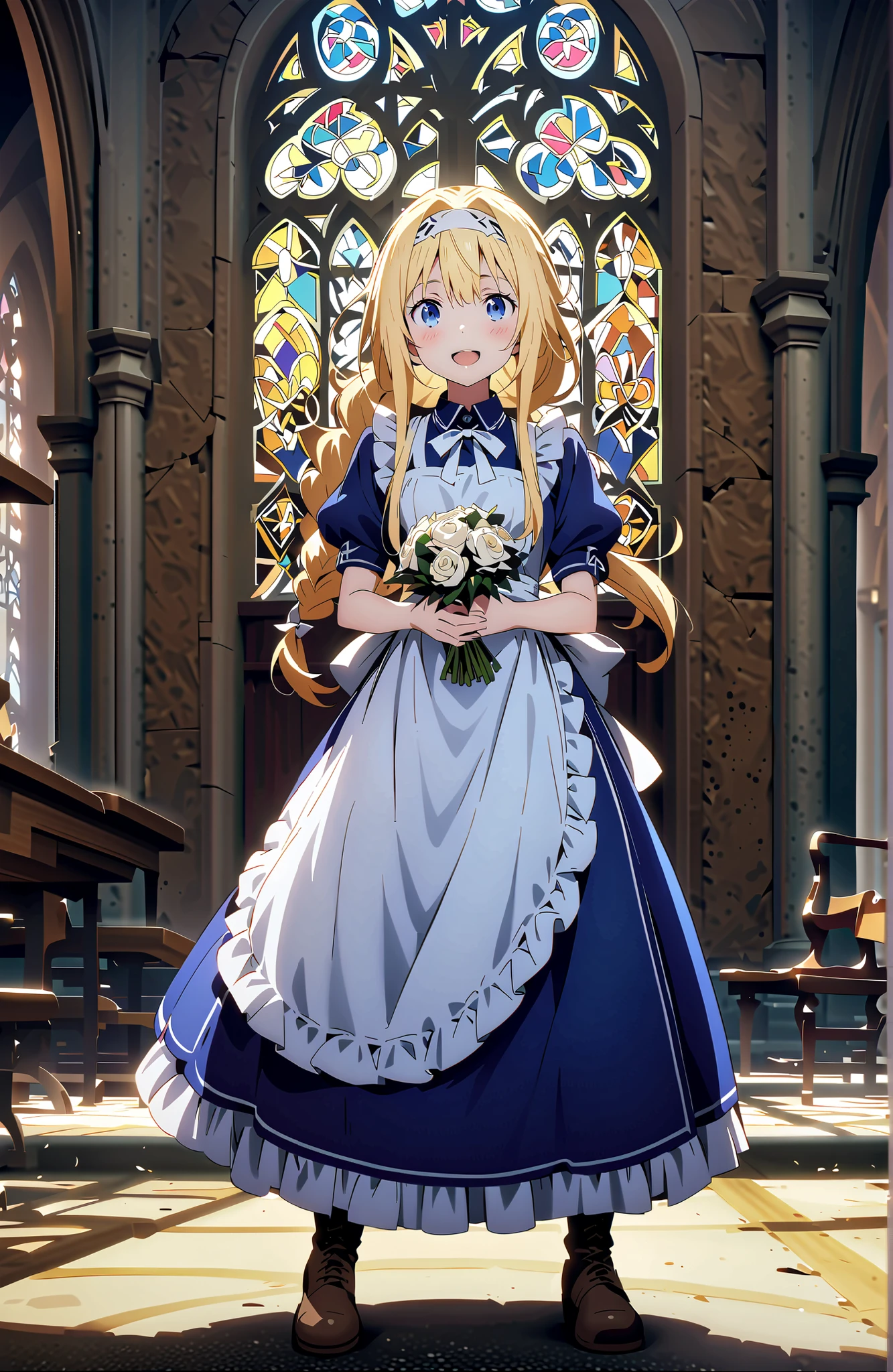 Alicesburg, Alice Zuburg, bungs, Gold, hair between eyes, Very braided, headband, white headband,close your eyes,smile,blush,open your mouth,
break dress, bow, ribbon, Short sleeve, frills, apron, puffy Short sleeve, Blue clothes, brown footwear, knee boots, white bow, white apron, frilled apron,Holding a bouquet with both arms,stained glass,STANDING,full bodyがillustrationsに入るように,
break indoors,church,
break looking at viewer,full body,
break (masterpiece:1.2), Top Quality, high resolution, Unity 8k 壁紙, (illustrations:0.8),highly detailed faces, perfect lighting on the table, extremely detailed CG, (perfect hand, perfect anatomy),