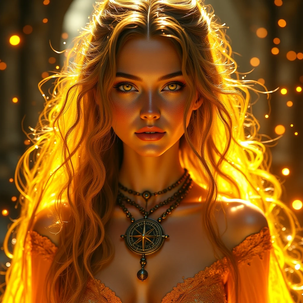 Fireangel has long, brown hair that falls in soft waves well down her back. The hair has a golden-brown sheen in the sunlight, almost like copper. Her face is striking, with high cheekbones and full, supple lips. Her skin has a warm, golden tone.
The most striking feature is her eyes, which are a fascinating mix of green, blue, and gray. Depending on the light and mood, they either look like emerald foliage, deep water, or an impending storm. These eyes are piercing and seem like they can see into the soul.
Fireangel is slender and athletic, with a cat-like elegance in her movements. Her clothing is functional but stylish, mostly in dark reds and oranges, with gold embellishments reminiscent of flowing lava. Her overall look exudes a mix of grace and strength, like a calm but powerful fire.