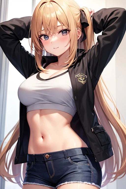 (masterpiece, Highest quality), (dark洞窟の中), One Girl, young , Black gym bloomers, High Leg、School Shirt, Jewel-like eyes、whole body、Blonde long hair、(Black gym bloomers)+(White collared blouse)、Put your hands behind your back、Cowboy Shot、alone、umbilical cord、Bare Belly, Thigh height dark洞窟の中に立つ, Look up、Anxious expression, Emotional, Wide-angle, dark, Best Shadow, watercolor,