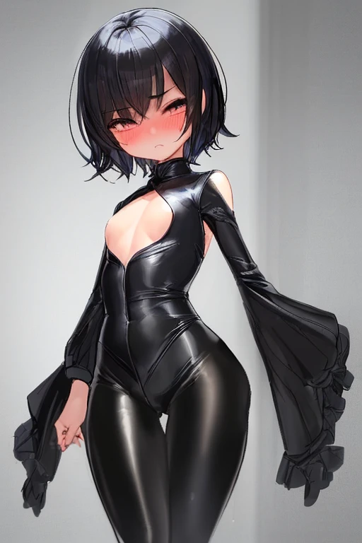 10 y.o. girl, black hair, small breasts, thicc thigs, big ass, black short bodycon dress with cut out on the butt, masterpiece, clear lines, many details, small breasts with small nipples