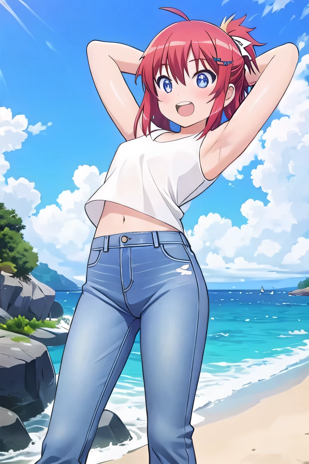 masterpiece, best quality, ultra detail, ((Perfect Face, perfect eyes, perfect hair, perfect arm)), 1girl, o, petite, ((round face, ecstasy, orgasm face, drooping eyes, shame smiling, blush)), dropping eyes, sleepy, Open mouth, ((White teeth)), background((under the beach, (day:1.2), ocean, bright sky)), koshigaya_natsumi_nonnonbiyori, (blue eyes:1.2), (red hair:1.2), ahoge, crossed bangs, hair between eyes, hair ornament, x hair ornament, (medium hair:1.9), (straight hair:1.7), ponytail, ribbon, hair_ribbon, ((arms behind head, hands behind head, fingers behind head)), ((contrapposto)), spread armpits, looking at viewer, (white tank top:1.2), (white crop top:1.2), (jeans pants:1.2, flares jeans:1.2, skinny jeans:1.2, blue jeans:1.2), standing, (legs spread:1.4), sex pose, Sweaty crotch, Steam from the crotch, from below, whole body