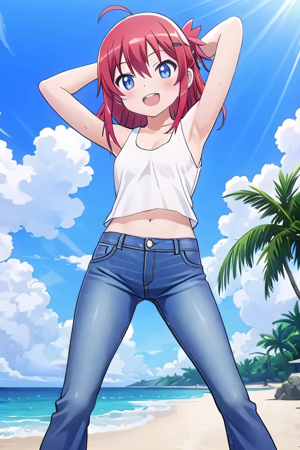 masterpiece, best quality, ultra detail, ((Perfect Face, perfect eyes, perfect hair, perfect arm)), 1girl, o, petite, ((round face, ecstasy, orgasm face, drooping eyes, shame smiling, blush)), dropping eyes, sleepy, Open mouth, ((White teeth)), background((under the beach, (day:1.2), ocean, bright sky)), koshigaya_natsumi_nonnonbiyori, (blue eyes:1.2), (red hair:1.2), ahoge, crossed bangs, hair between eyes, hair ornament, x hair ornament, (medium hair:1.9), (straight hair:1.7), ponytail, ribbon, hair_ribbon, ((arms behind head, hands behind head, fingers behind head)), ((contrapposto)), spread armpits, looking at viewer, (white tank top:1.2), (white crop top:1.2), (jeans pants:1.2, flares jeans:1.2, skinny jeans:1.2, blue jeans:1.2), standing, (legs spread:1.4), sex pose, Sweaty crotch, Steam from the crotch, from below, whole body