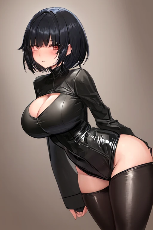 masterpiece, 1 person, alone, Tae Takemi | persona 5,Shortcuts, Looking at the audience, Big Breasts, Mature Woman, blush, Black Hair, Lilac eyes, Pink Bed, pocket, Mature Woman, Panty lines,Cleavage,Bare Chest,Big nipples,bound,BDSM,bondage,On all fours,Volunteer,Ball gag,Confused expression,Latex suit,