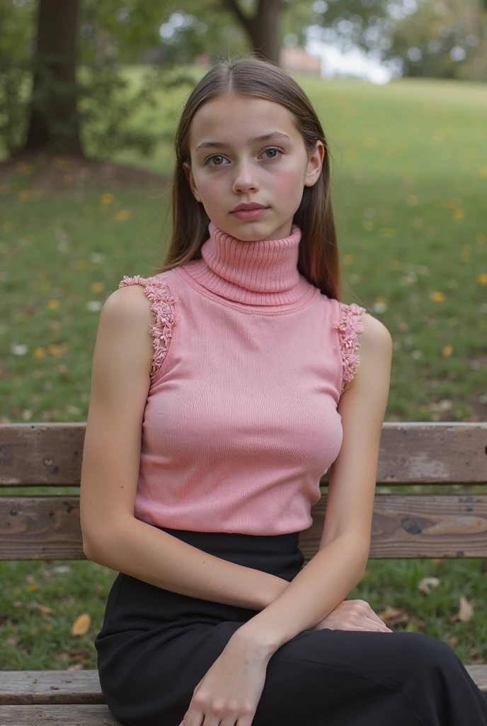 Brown hair, (best quality, 4k, 8k, high-res, masterpiece:1.2), ultra-detailed, (realistic, photorealistic, photo-realistic:1.37), (beautiful detailed eyes, beautiful detailed lips, extremely detailed eyes and face:1.5), (environmental lighting:1.5), physically-based rendering, vivid colors, (big tits, super big , super extra big tits:1.5), (gray color, sleeveless turtleneck knit:1.5), (natural smile:1.5), (pink hair color, hair blowing in the wind, shiny hair, shiny skin), (park, blurred background:1.37), (tilt your head to the side:1.5), Brown hair