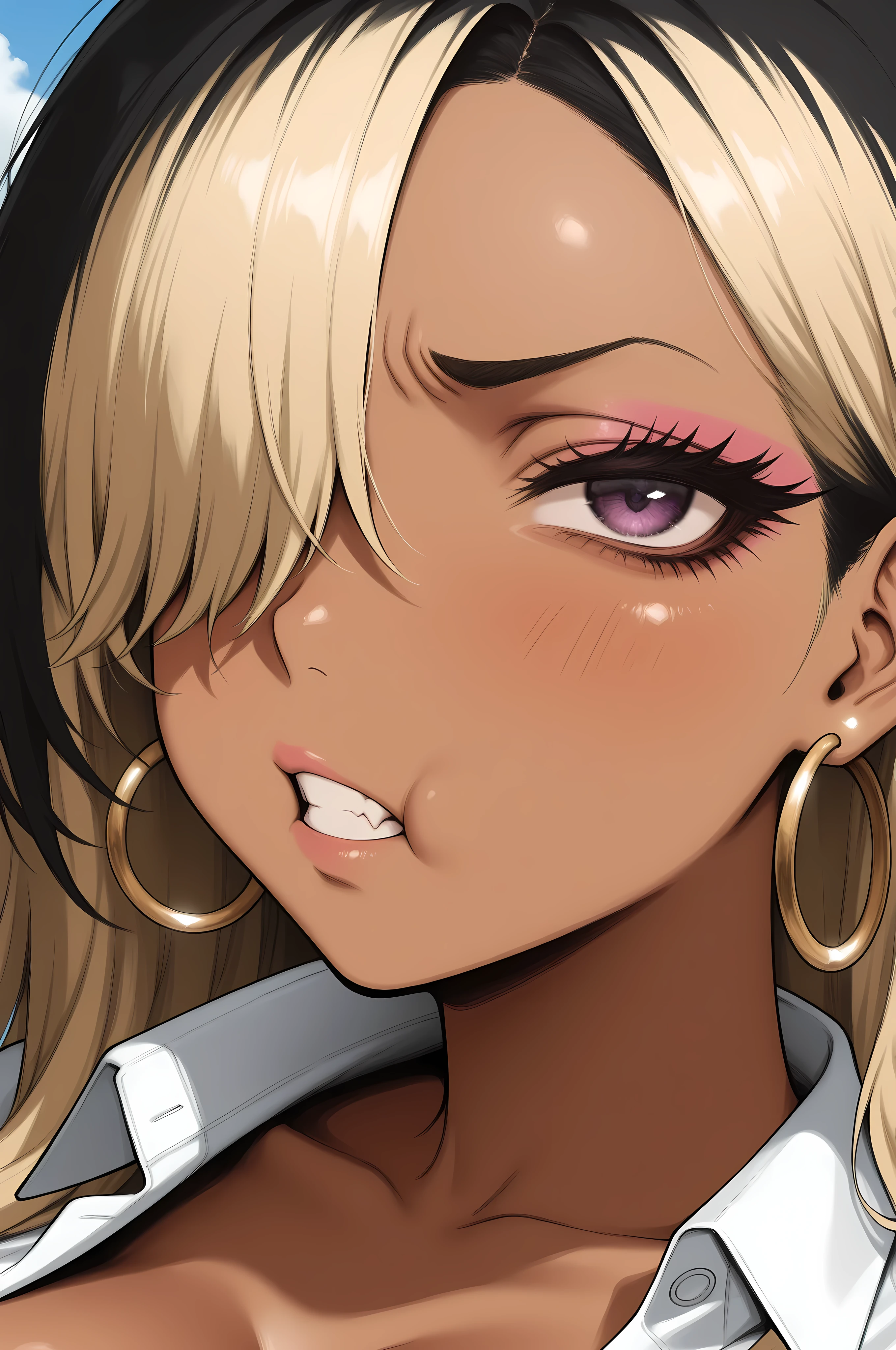 1girl,brown_skin,forehead,hair_intakes,dark_skin, solo, breasts, looking at viewer, skirt, large breasts, simple background, shirt, white background, cleavage, jewelry, purple eyes, collarbone, white shirt,upper body,portrait,earrings, open clothes, collared shirt, bracelet, open shirt, makeup, lipstick, hoop earrings, mature female, bangle, office lady,long hair,hair_tied,,large_breast,dark_skinned,dark_skinned_female,maiden ,naughty_face,nijisuper,(UHD,masterpiece,extremely detailed,shining,masterpiece,super detailed)